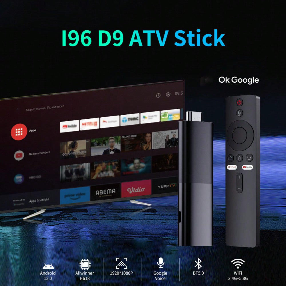 عصا تلفاز I96 D1، 2GB رام + 16GB تخزين، 4K UHD، واي فاي مزدوج، وحدة صوتية، أندرويد ATV، مثالية للبث والشاشات الذكية