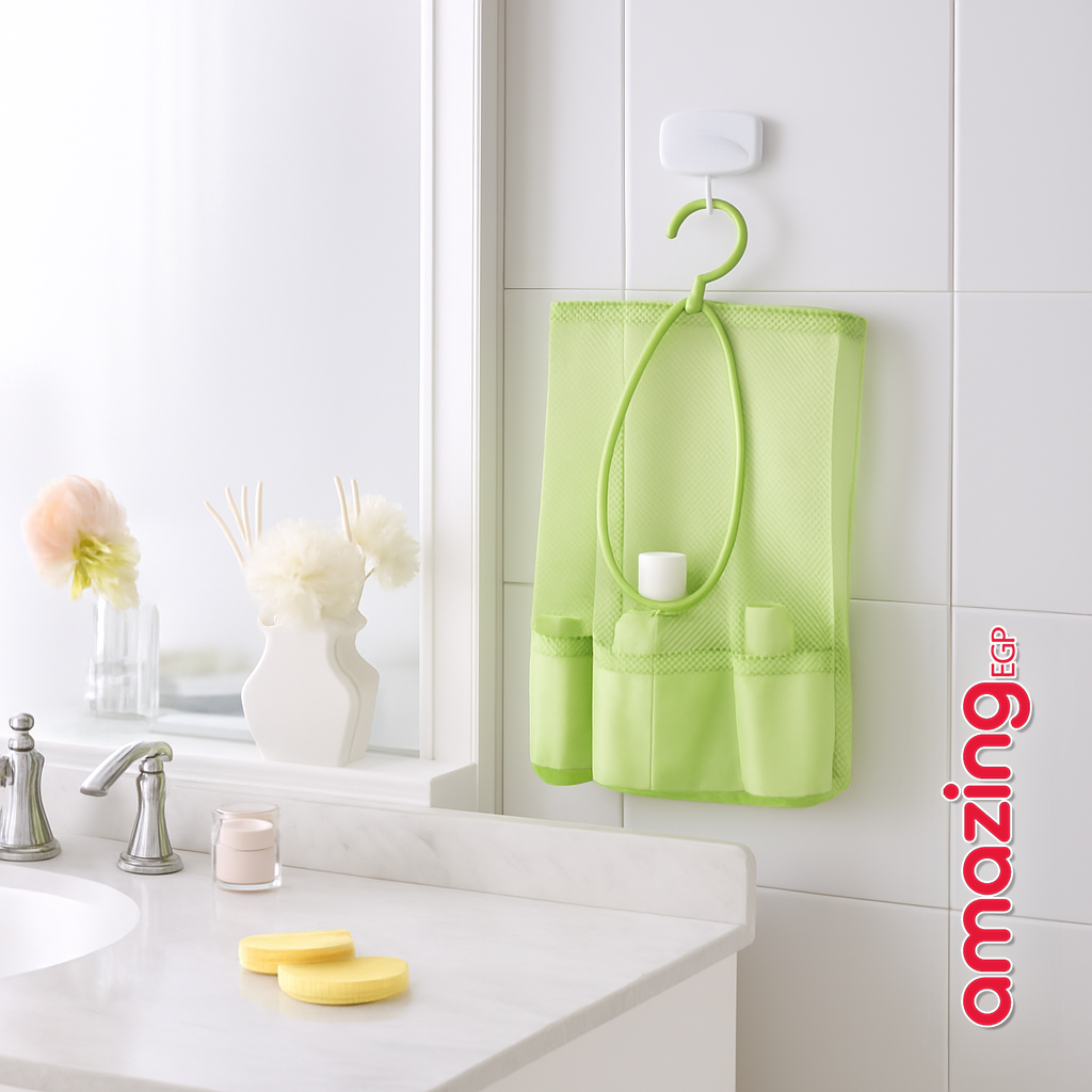 شنطة تخزين قابلة للتعليق متعددة الأغراض، تصلح لصابون حمام، منشفة التجفيف، شنطة شبكية، منظم للجوارب، للملابس داخلية، سلة لتجفيف الملابس - أخضر