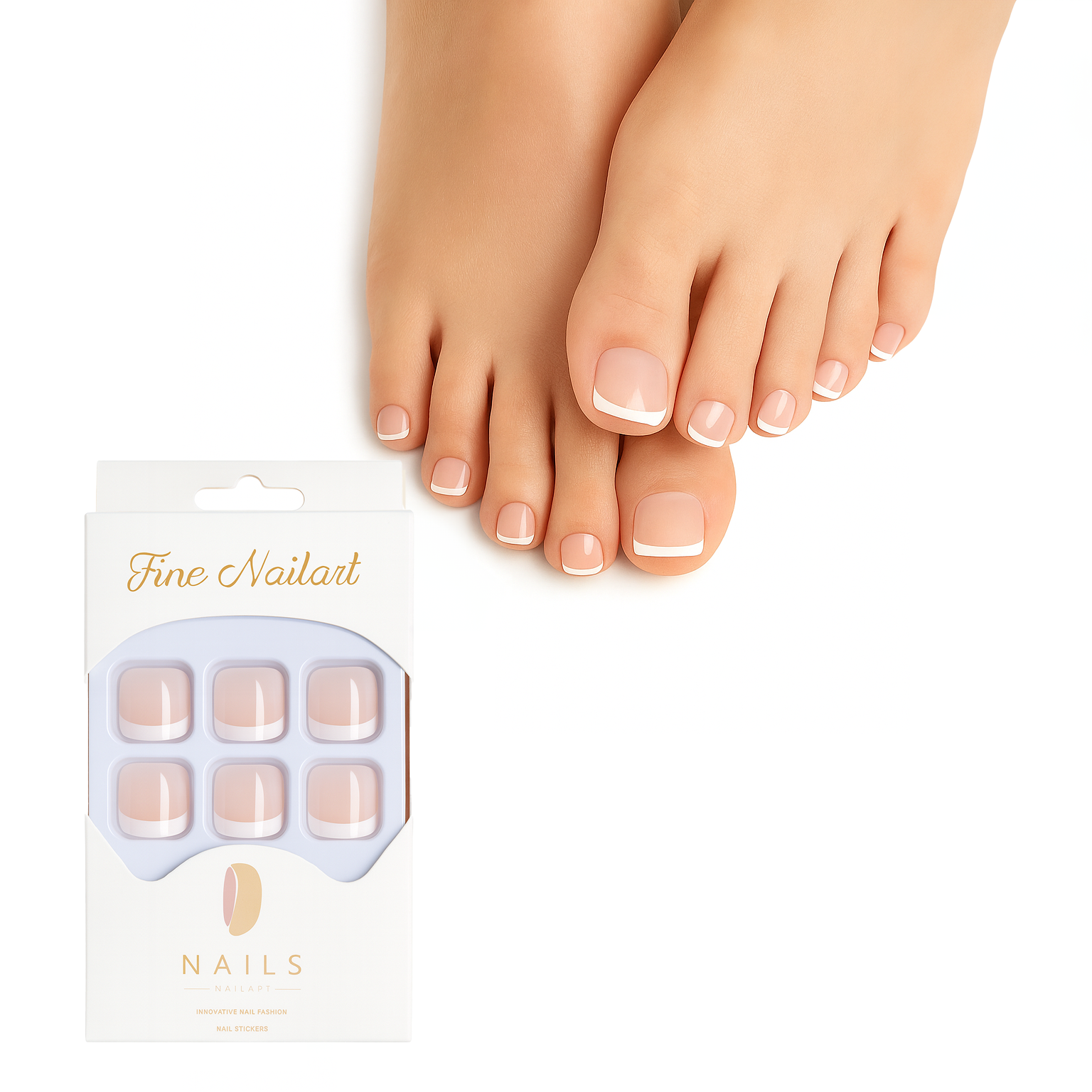 اظافر قدم صناعية مستعارة تثبت بالضغط بتصميم فرنسي لامع وقصير ومربع بتصميمات رائعة للنساء والفتيات تثبت على الاظافر من الاكريليك - 24 قطعة