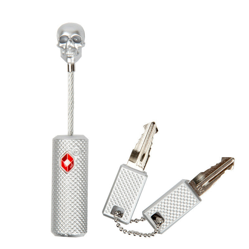 قفل قوي صغير على شكل جمجمة من خليط معدني من الزنك مع مفاتيح من تي اس ايه لشنطة الظهر وشنطة الصالة الرياضية وخزانة المدرسة وشنطة السفر - فضي