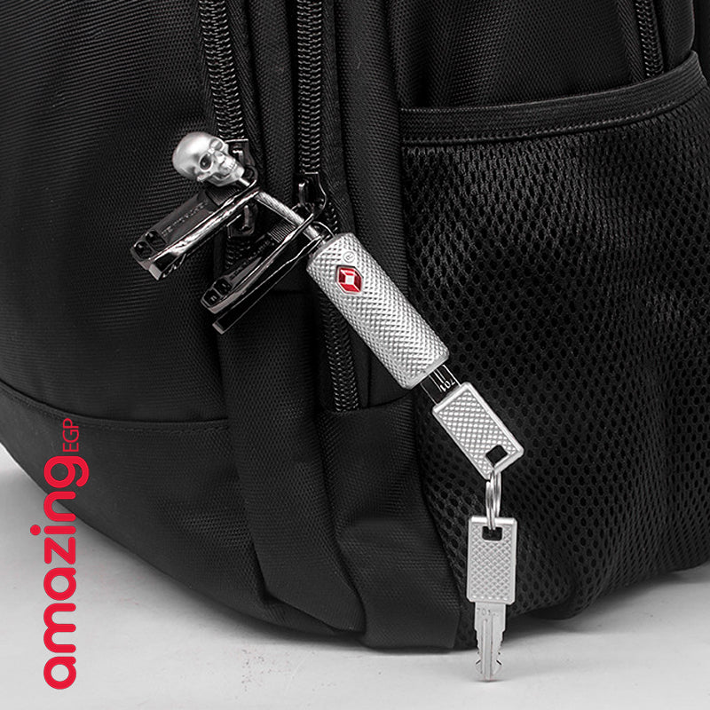 قفل قوي صغير على شكل جمجمة من خليط معدني من الزنك مع مفاتيح من تي اس ايه لشنطة الظهر وشنطة الصالة الرياضية وخزانة المدرسة وشنطة السفر - فضي