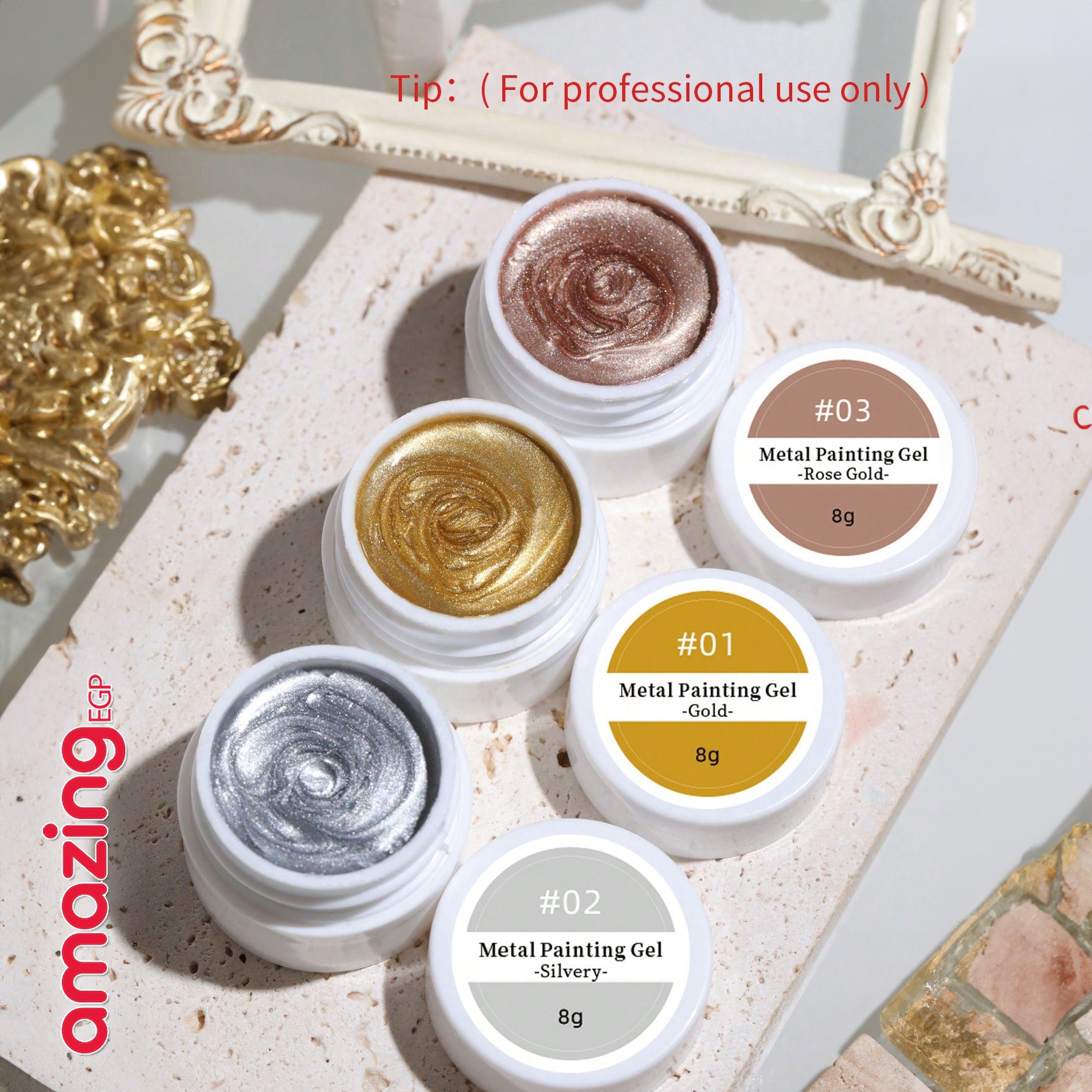 طلاء أظافر جلي جل سائل لامع للمعدن المرآة - 8 جرام | ألوان ذهب، فضة، وذهب وردي | تصميم ثلاثي الأبعاد ومثالي لصالونات الأظافر - ذهبي