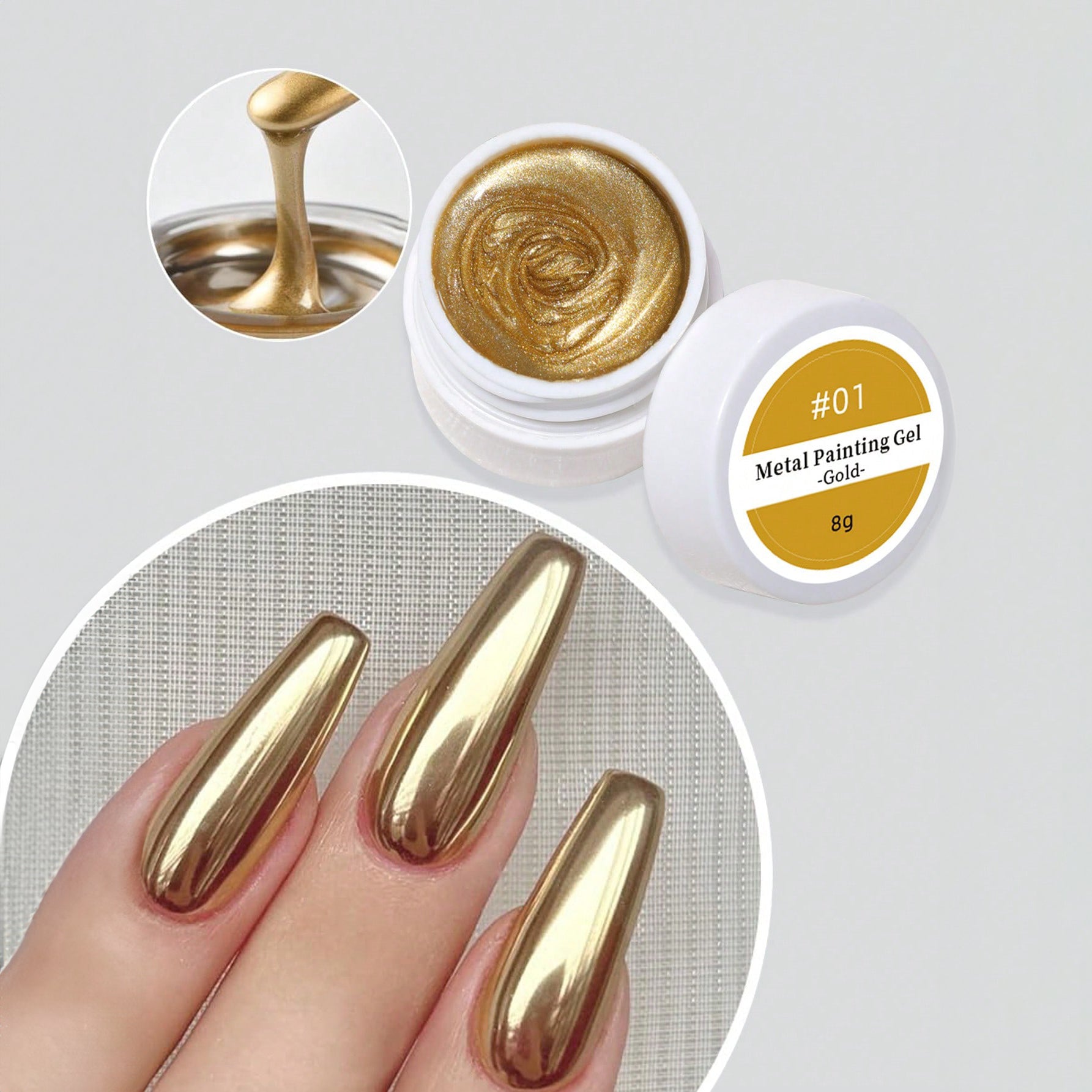 طلاء أظافر جلي جل سائل لامع للمعدن المرآة - 8 جرام | ألوان ذهب، فضة، وذهب وردي | تصميم ثلاثي الأبعاد ومثالي لصالونات الأظافر - ذهبي