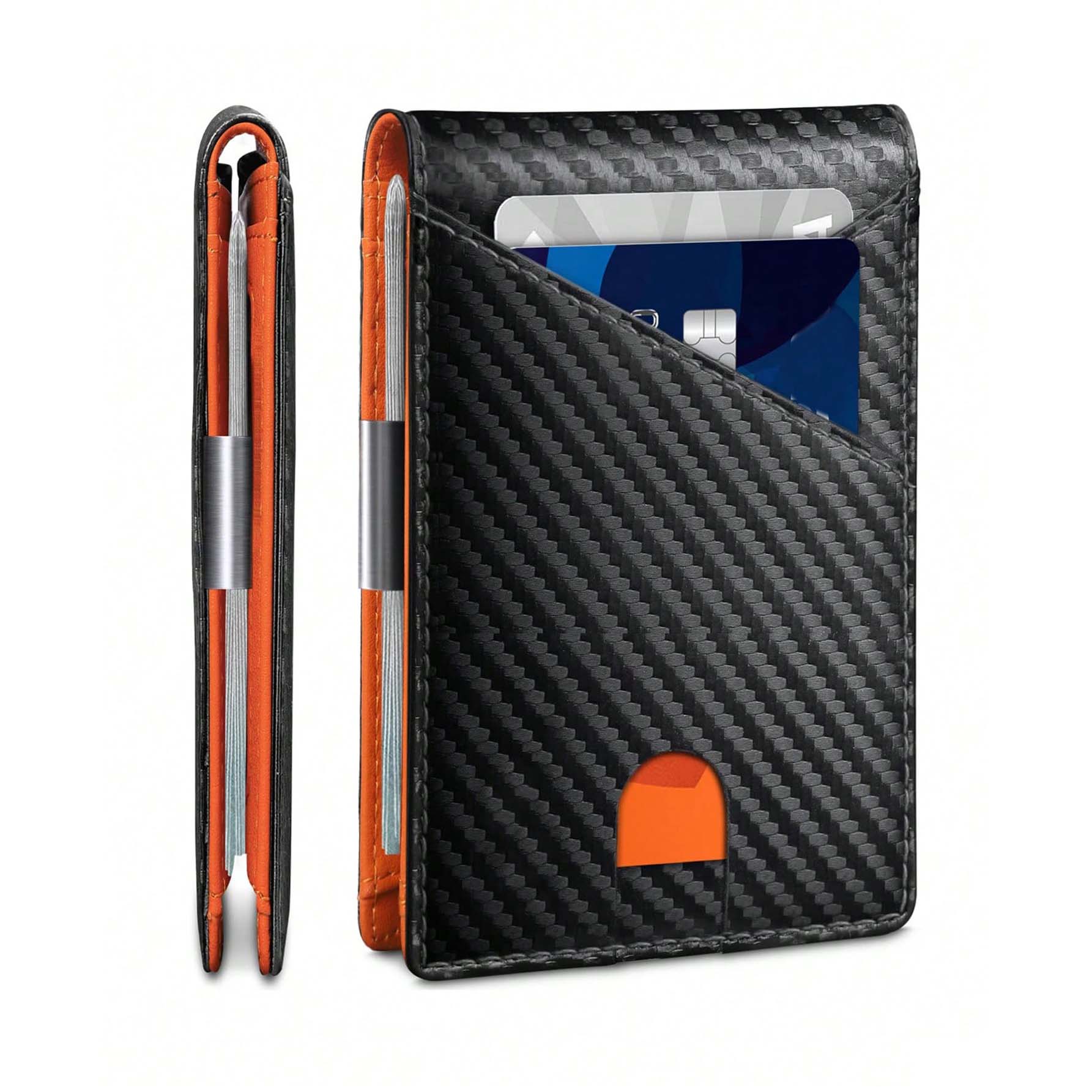 محفظة رجالية نحيفة مع تقنية RFID - محفظة رجالية عالية الجودة من الكربون ، محفظة ذكية نحيفة ورفيعة، تصميم بسيط بسعة7 بطاقة | كربون اسود داخل برتقالي|