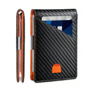 محفظة رجالية نحيفة مع تقنية RFID  - محفظة رجالية عالية الجودة من الكربون ، محفظة ذكية نحيفة ورفيعة، تصميم بسيط بسعة7 بطاقة | كربون اسود داخل برتقالي|