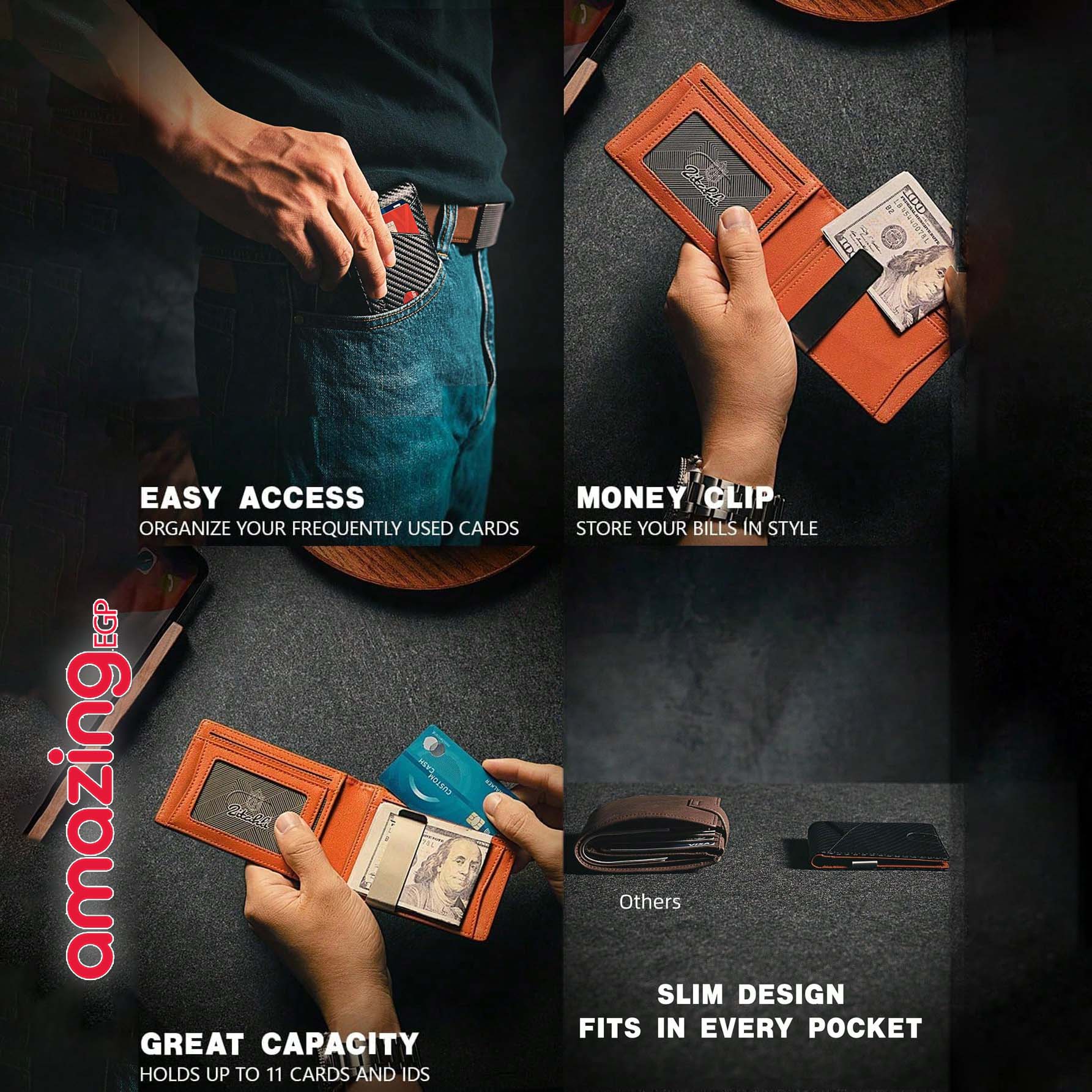 محفظة رجالية نحيفة مع تقنية RFID - محفظة رجالية عالية الجودة من الكربون ، محفظة ذكية نحيفة ورفيعة، تصميم بسيط بسعة7 بطاقة | كربون اسود داخل برتقالي|