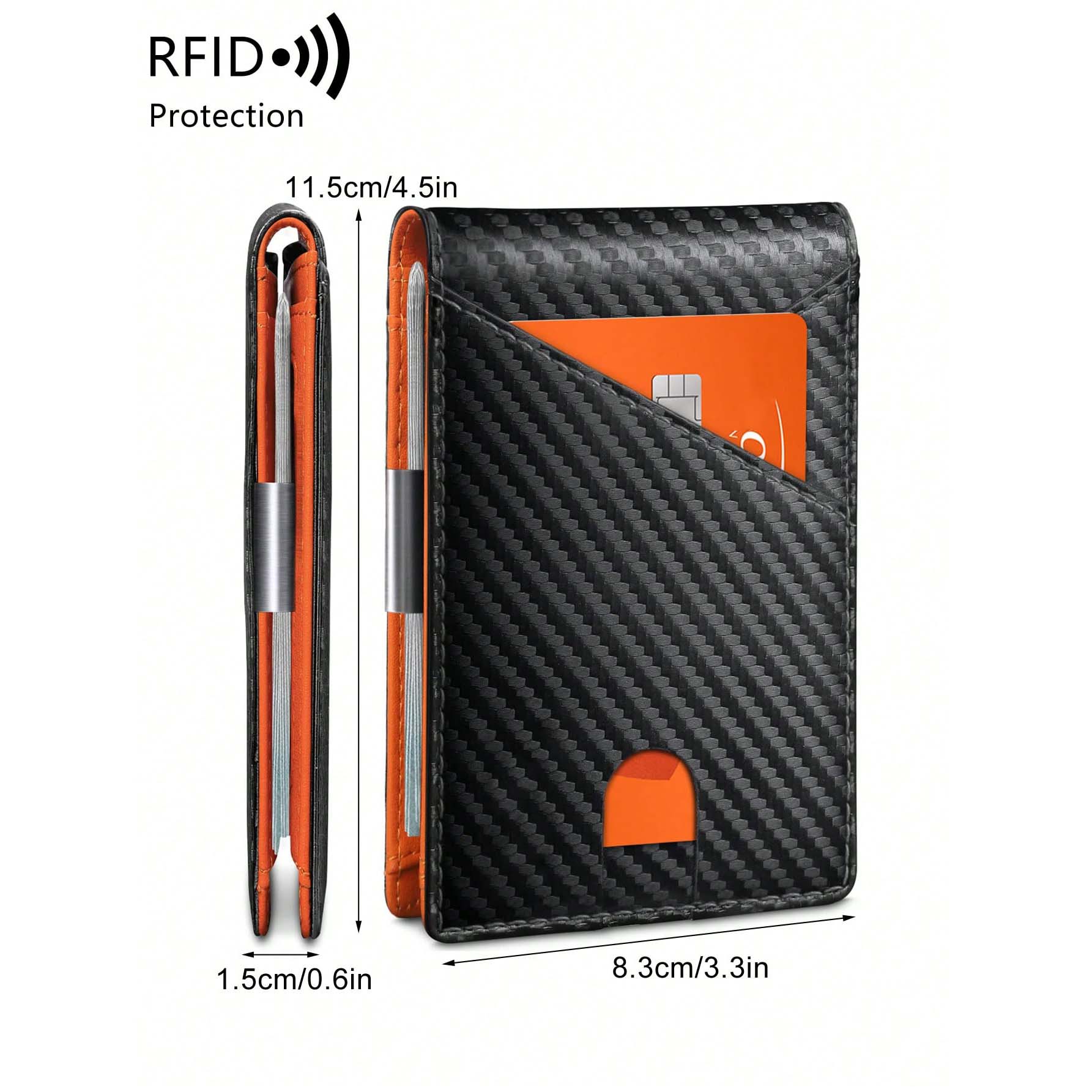 محفظة رجالية نحيفة مع تقنية RFID - محفظة رجالية عالية الجودة من الكربون ، محفظة ذكية نحيفة ورفيعة، تصميم بسيط بسعة7 بطاقة | كربون اسود داخل برتقالي|