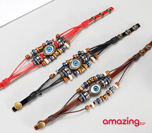 سوار للجنسين إسورة مضفرة بجلد طبيعي فاخر للرجال والنساء اساور يد محظوظ أسورة منسوجة زخرفة اليدوية بالعين الرزقاء - أحمر | اساور اساور كاحل اساور_للنساء اسورة اكسسوارات الحسد الرجال جلد طبيعي جلد_طبيعي زرقة سوار عين زرقاء | amazingEGP