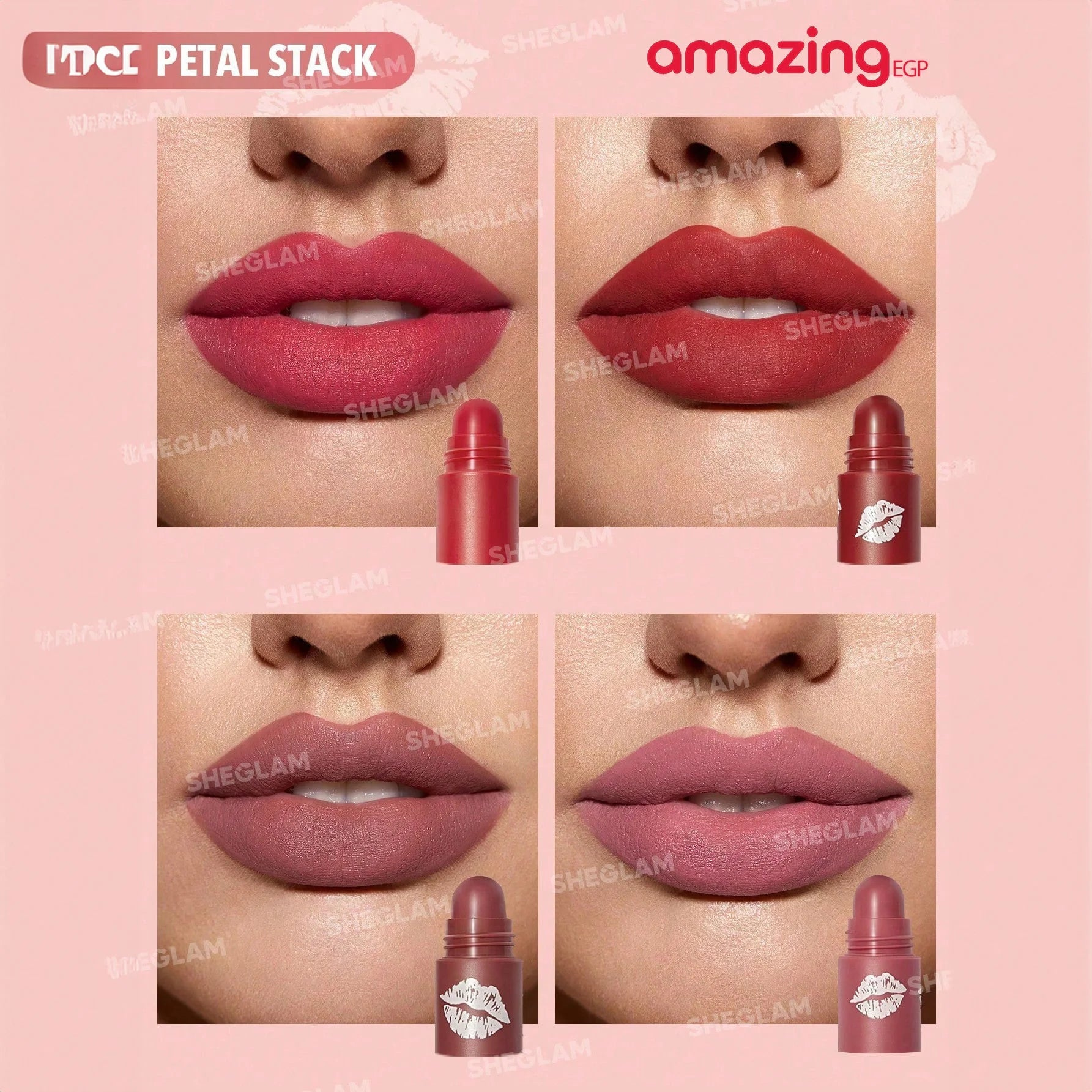 SHEGLAM  ميجا ليب ستاكس مجموعة احمر شفاه اربع دراجات غير لامع البشرة الداكنة احمر داكن مات ويدوم طويلا - Petal Stack | SHEGLAM shein احمر الخدود احمر شفاة ايشادو حاجب حواجب شفاه شفايف شى ان شى كلام ظل عيون فرشاة مستحضرات التجميل مكياج ميكياج | amazingEGP