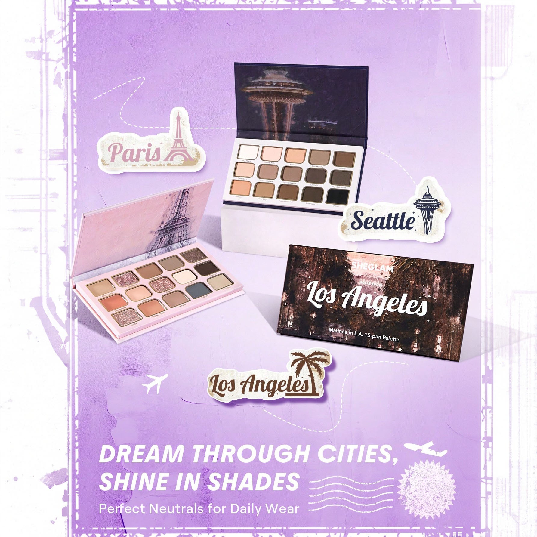 SHEGLAM ظلال عيون باليت 15 لون قابلة للمزج مع لمسات نهائية معدنية ولامعة، تركيبة كريمية مخملية مصطبغة، باليت ظلال عيون رباعية الاتجاهات -  Picnic in Paris
