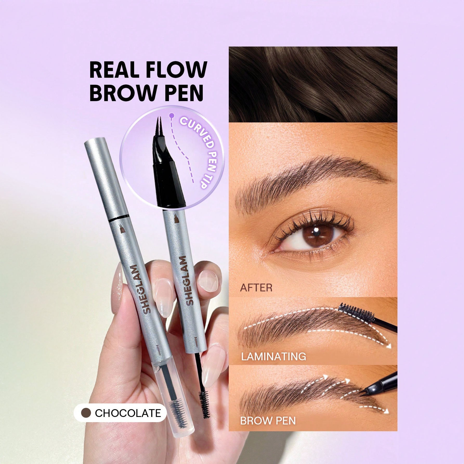 SHEGLAM قلم حواجب ثنائي 2-في-1 SHEGLAM Real Flow – لون Chocolate (جل تثبيت + رأس شوكي 15°) - Chocolate