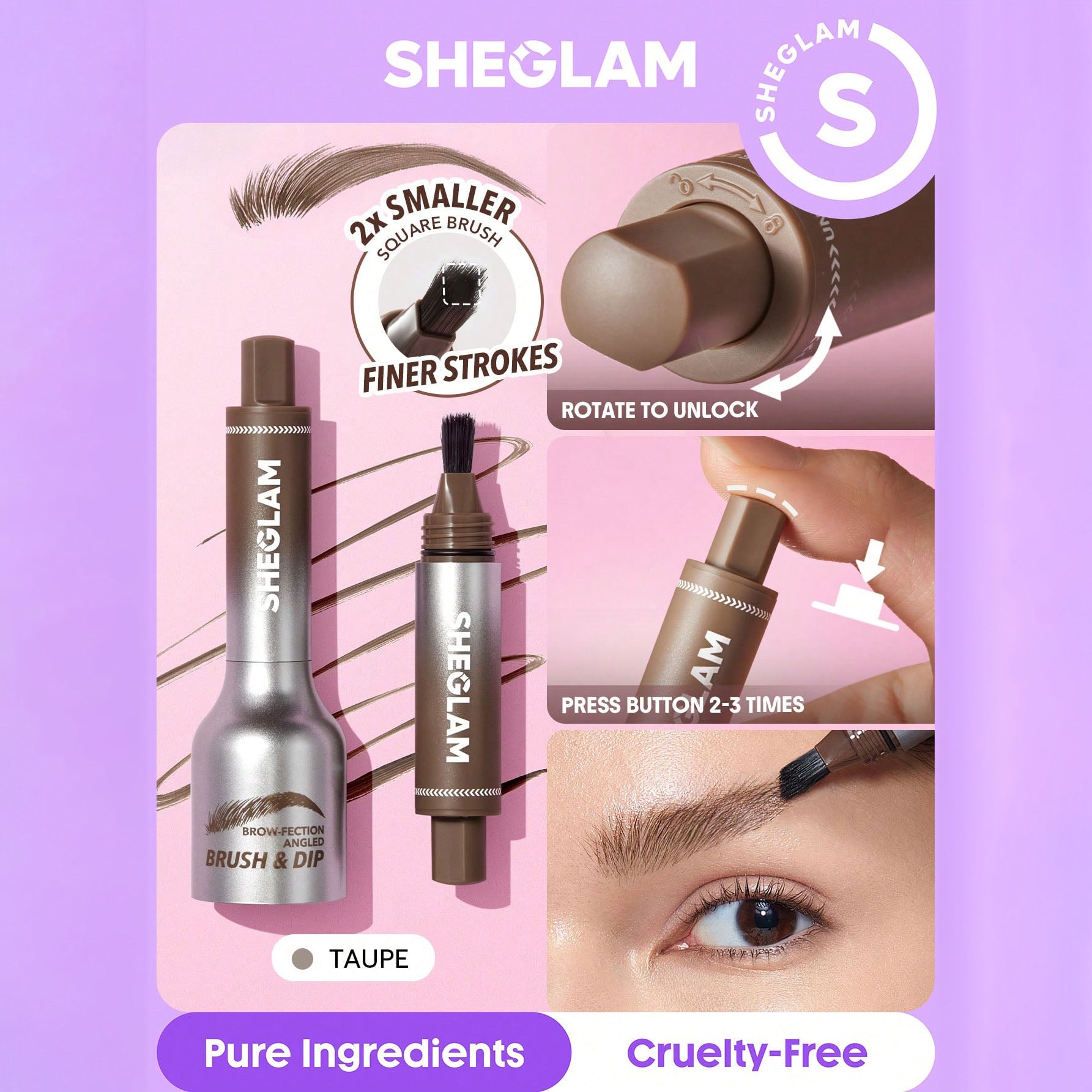 SHEGLAM فرشاة وجيل تحديد الحواجب - لإطلالة طبيعية تدوم طوال اليوم - مقاوم للماء وثابت طويلًا، تركيبة غنية لتحديد الحواجب، مثالي للمكياج - Taupe