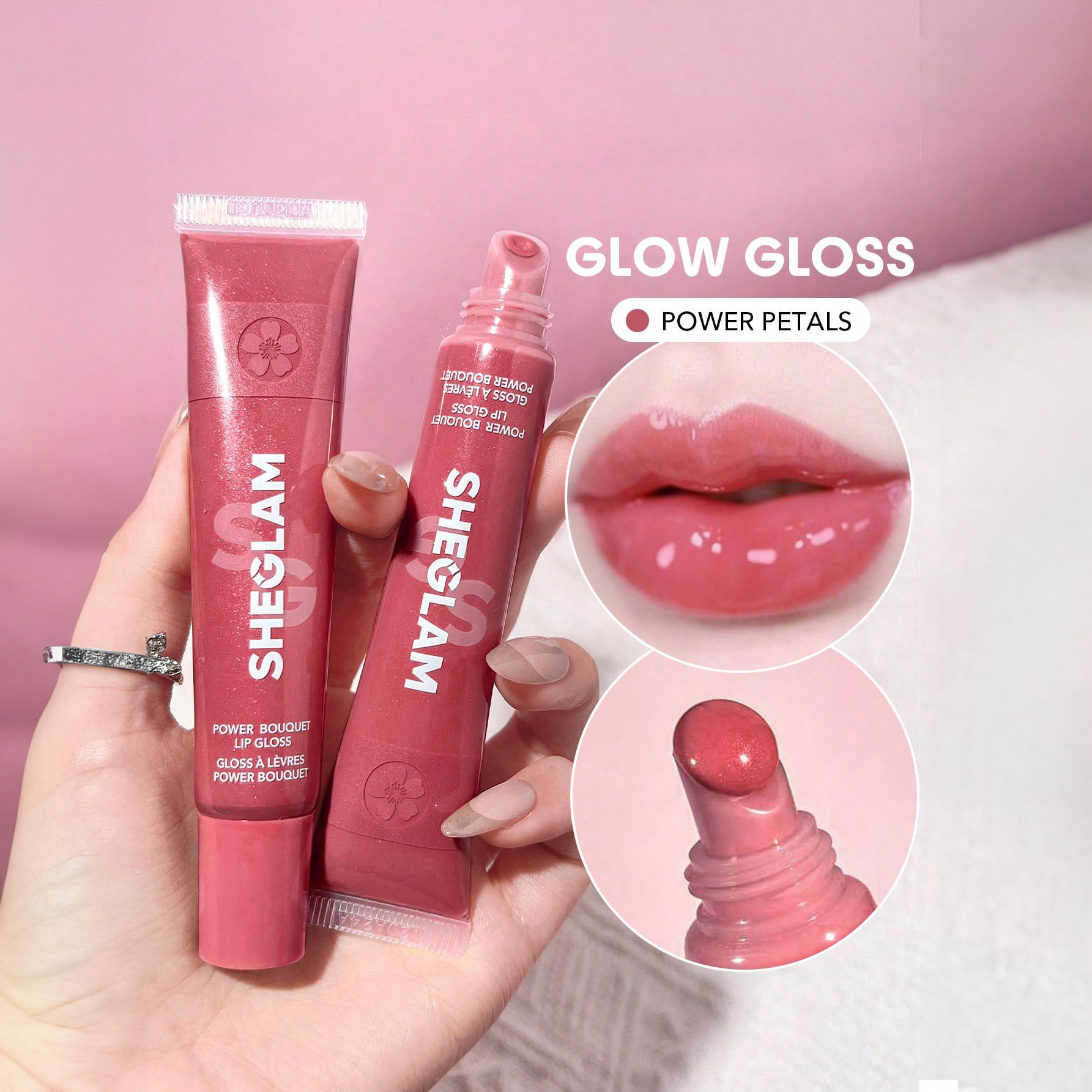 SHEGLAM ملمع شفاه  Power Bouquet لامع مثالي وممتلئ بلون بنفسجي لامع ومرطب وممتلئ ومصل شفاه مغذي وممتلئ غير لاصق وأحمر شفاه بزيت جوز الهند ومستحضرات تجميل الشفاه ومغذي يدوم طويلا |  Power Petals