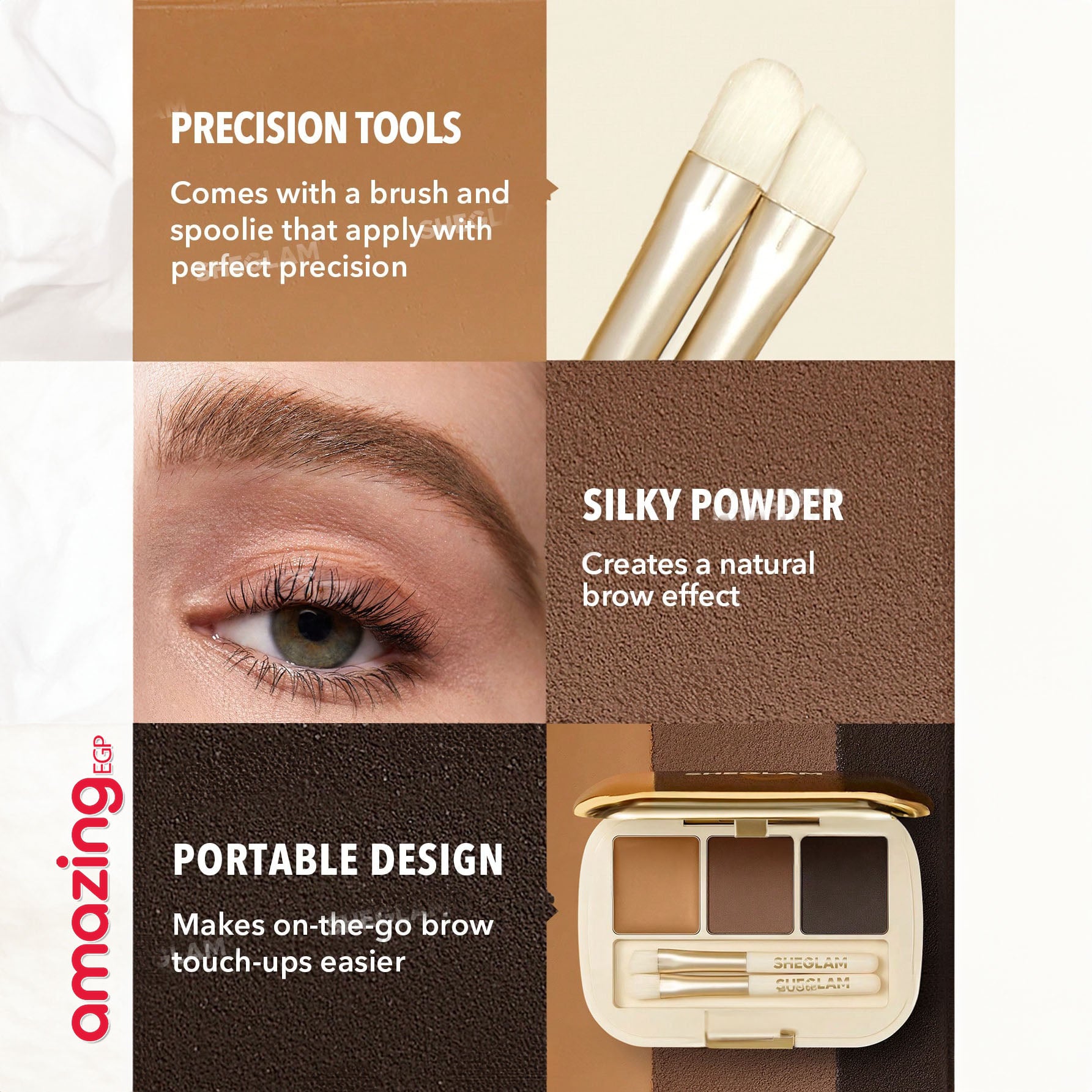 SHEGLAM فرشاة وجيل تحديد الحواجب - لإطلالة طبيعية تدوم طوال اليوم - اليت الحواجب SHEGLAM - درجة 102 بني رمادي | 3 درجات + شمع + فرشاة لتحديد مثالي | 102 Ash Brown