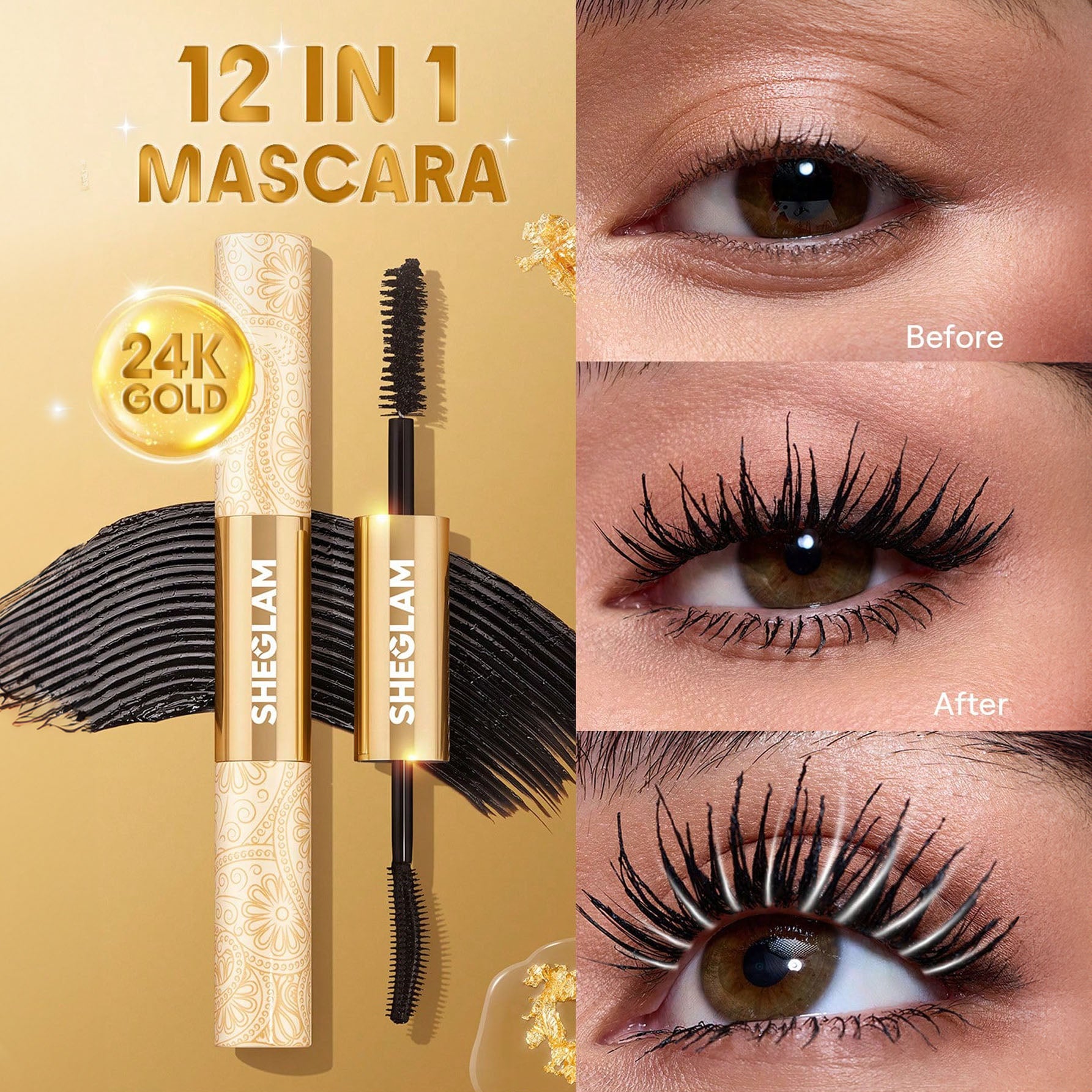 SHEGLAM ماسكارا متعددة التأثيرات 24K ماسكارا مقاومة للماء  لون سحر أجواء ، تضيف كثافة وطول للرموش، مقاومة للتلطخ والتقشير، مثالية للعيد، الشتاء، السفر والمكياج اليومي - Waterproof 24K