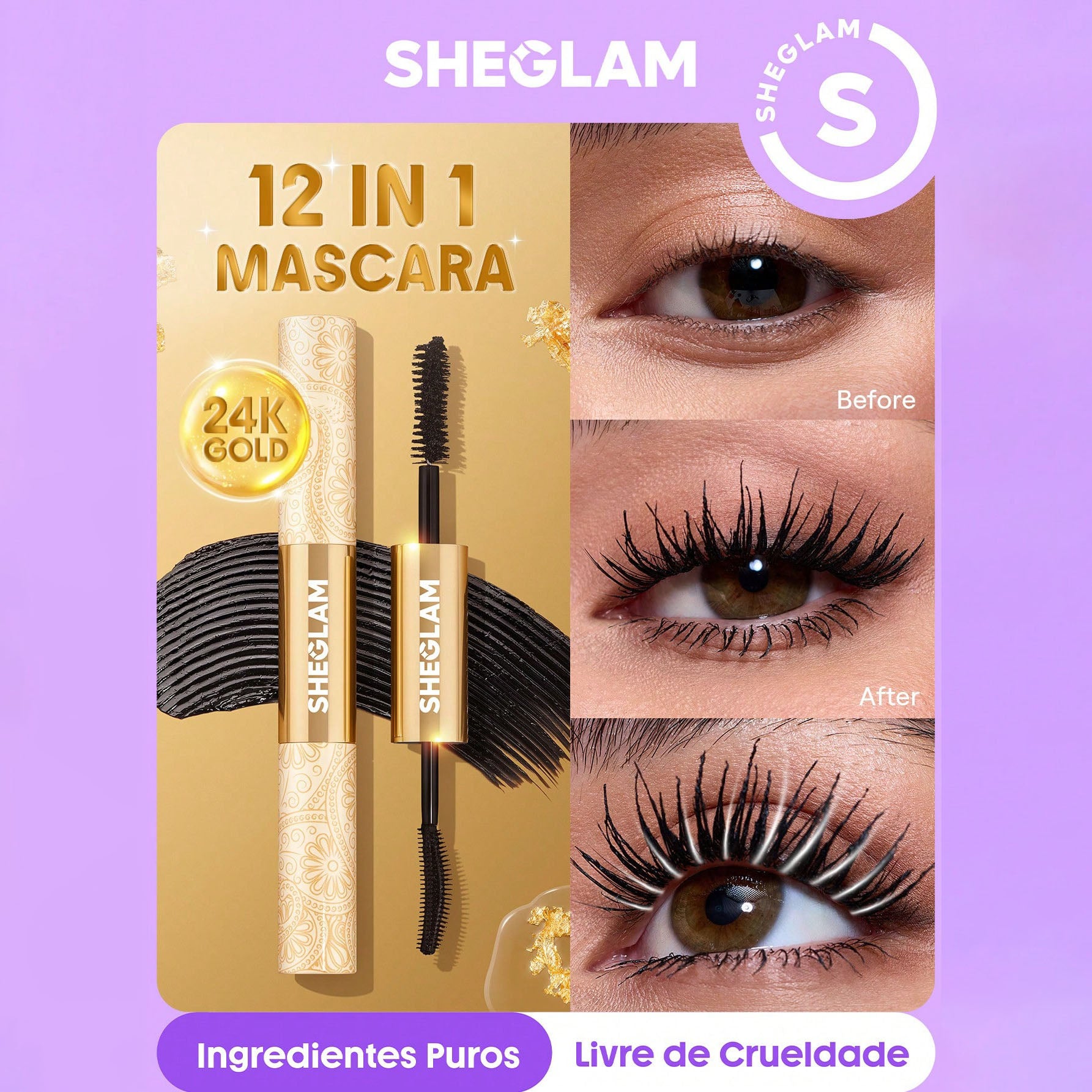 SHEGLAM ماسكارا متعددة التأثيرات 24K ماسكارا مقاومة للماء  لون سحر أجواء ، تضيف كثافة وطول للرموش، مقاومة للتلطخ والتقشير، مثالية للعيد، الشتاء، السفر والمكياج اليومي - Waterproof 24K