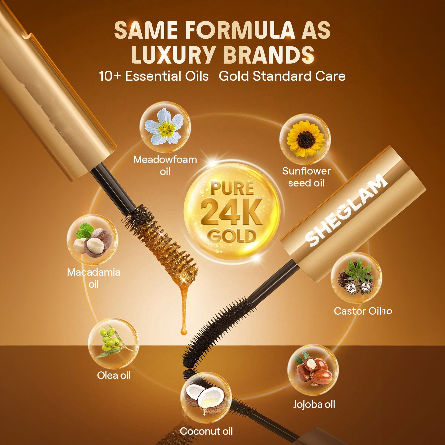 SHEGLAM ماسكارا متعددة التأثيرات 24K ماسكارا مقاومة للماء  لون سحر أجواء ، تضيف كثافة وطول للرموش، مقاومة للتلطخ والتقشير، مثالية للعيد، الشتاء، السفر والمكياج اليومي - Waterproof 24K