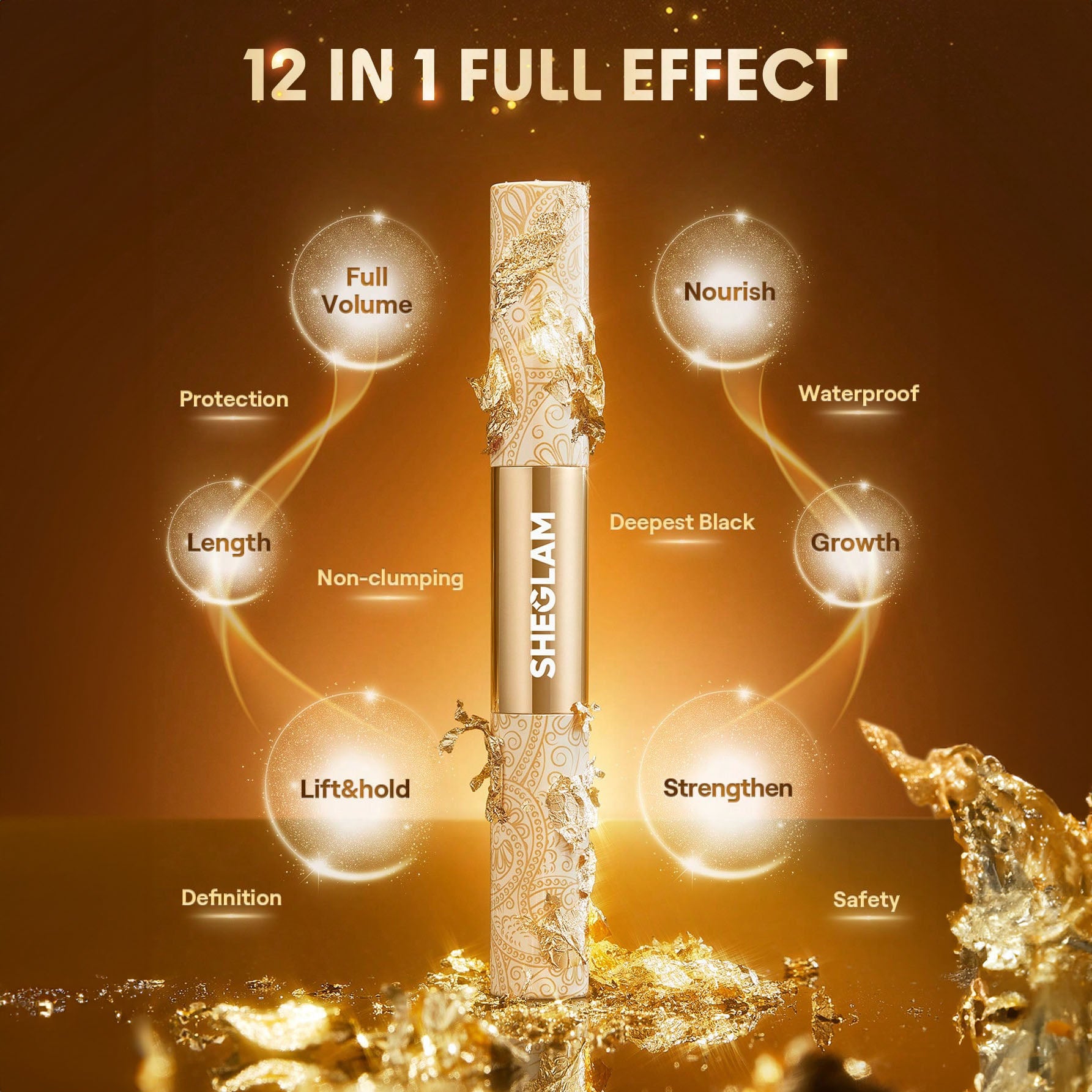 SHEGLAM ماسكارا متعددة التأثيرات 24K ماسكارا مقاومة للماء  لون سحر أجواء ، تضيف كثافة وطول للرموش، مقاومة للتلطخ والتقشير، مثالية للعيد، الشتاء، السفر والمكياج اليومي - Waterproof 24K