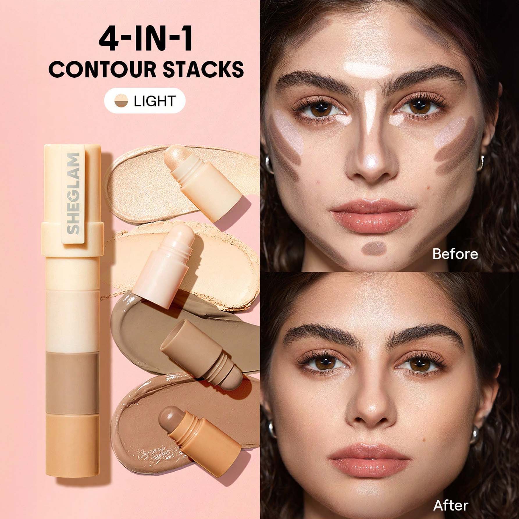 SHEGLAM قلم تحديد الوجه متعدد الألوان-قلم تحديد الوجه متعدد الألوان-غير دهني-يدوم طويلاً-هايلايتر طبيعي-متعدد الاستخدامات-ينعم الخطوط الدقيقة-تحديد الوجه كريمي وردی - Light