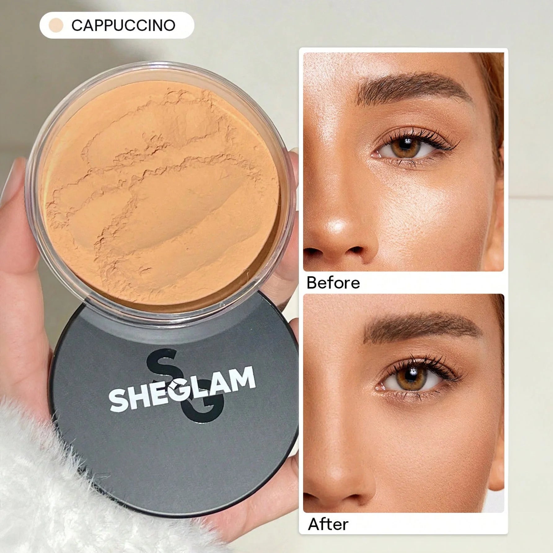SHEGLAM بودرة تثبيت شفافة 2 في 1 للوجه تمنح مظهرا لامعا ومضادة للماء والمسام غنية بالببتيدات والكولاجين ومضادات الأكسدة مثالية للشتاء - Cappuccino | SHEGLAM shein أحمر خدود سائل أحمر شفا احمر الخدود احمر خدود احمر شفاة الخدود ايشادو بودر بودر شيجلام حاجب