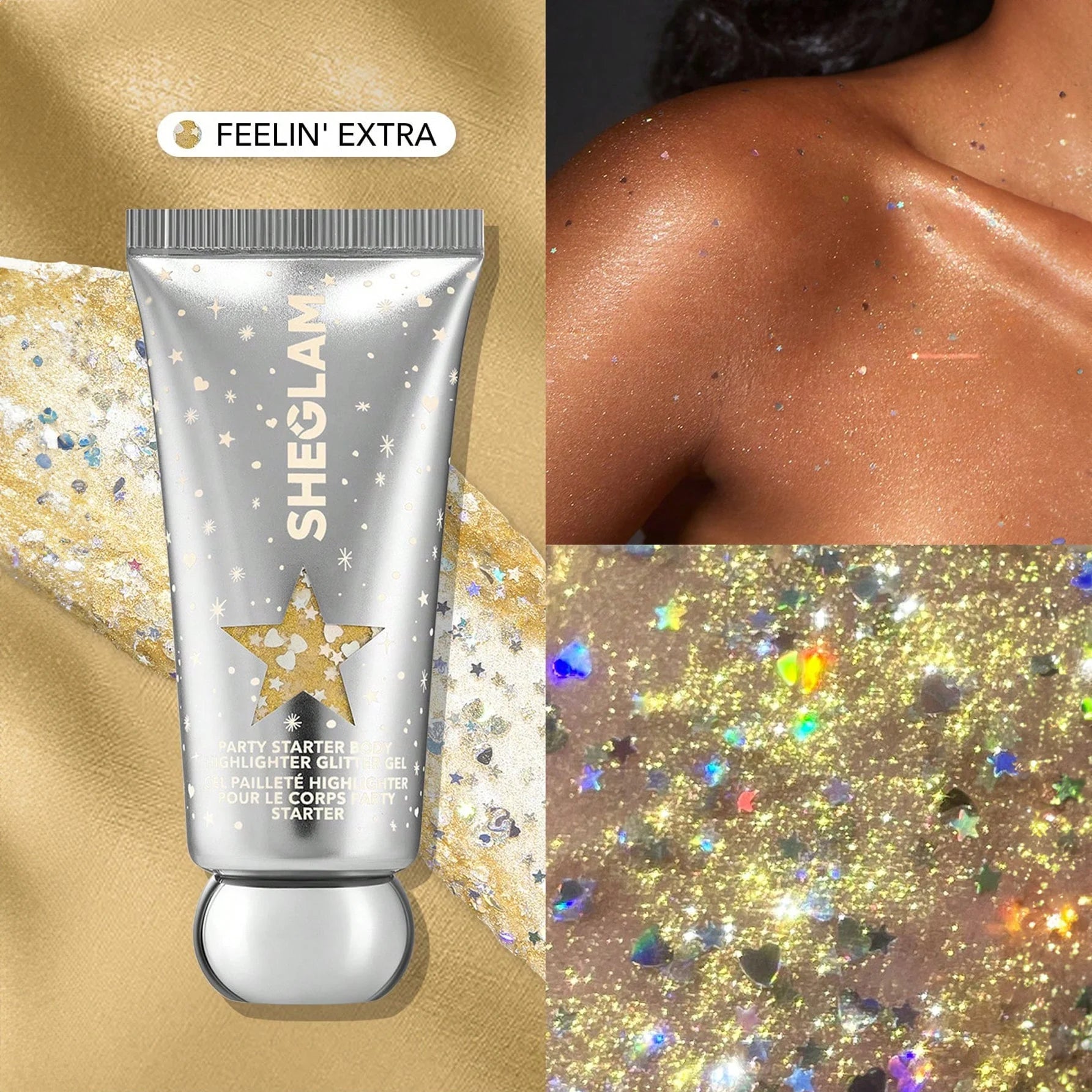 SHEGLAM لمسة نهائية شديدة اللمعان جليتر متعدد الاستخدام جل التوهج اللامع للجسم Party Starter - إصدار Feelin Extra مكياج الوجه مسحوق بخاخ لامع لامع للوجه وهايلايتر عالي اللمعان للنساء والشعر والاظافر - Feelin Extra | SHEGLAM shein ايشادو جليتر جيليتر حاجب