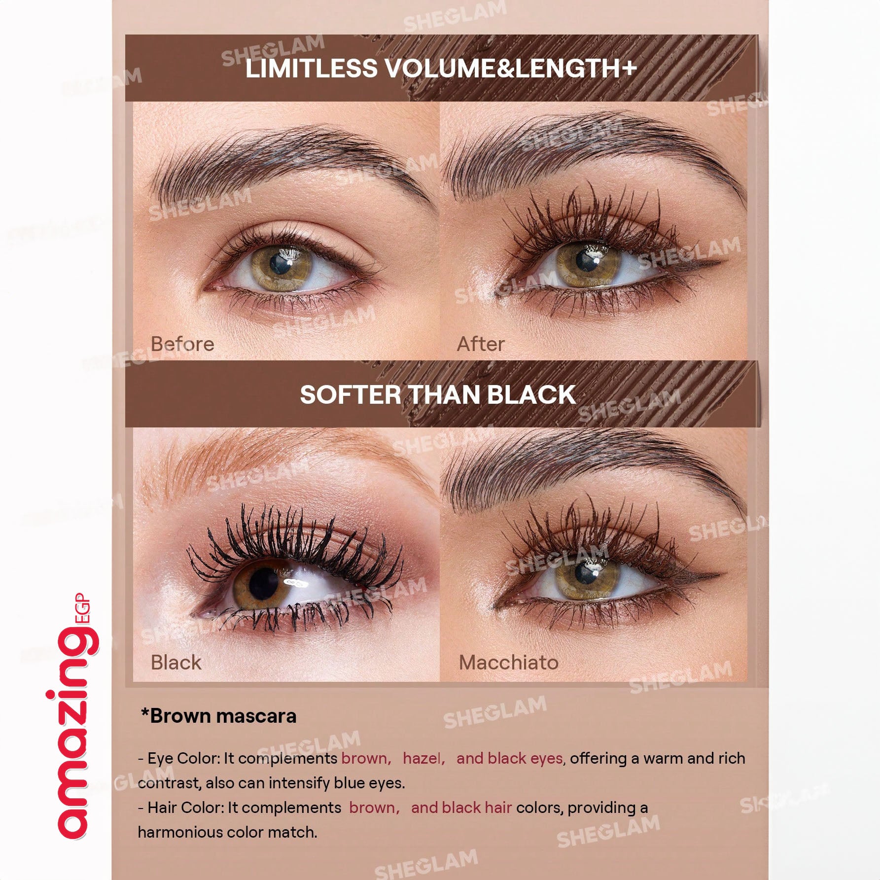 SHEGLAM ماسكارا All-In-One ماسكارا مقاومة للماء بلون برغندي، تضيف كثافة وطول للرموش، مقاومة للتلطخ والتقشير، مثالية للعيد، الشتاء، السفر والمكياج اليومي.- Waterproof Macchiato