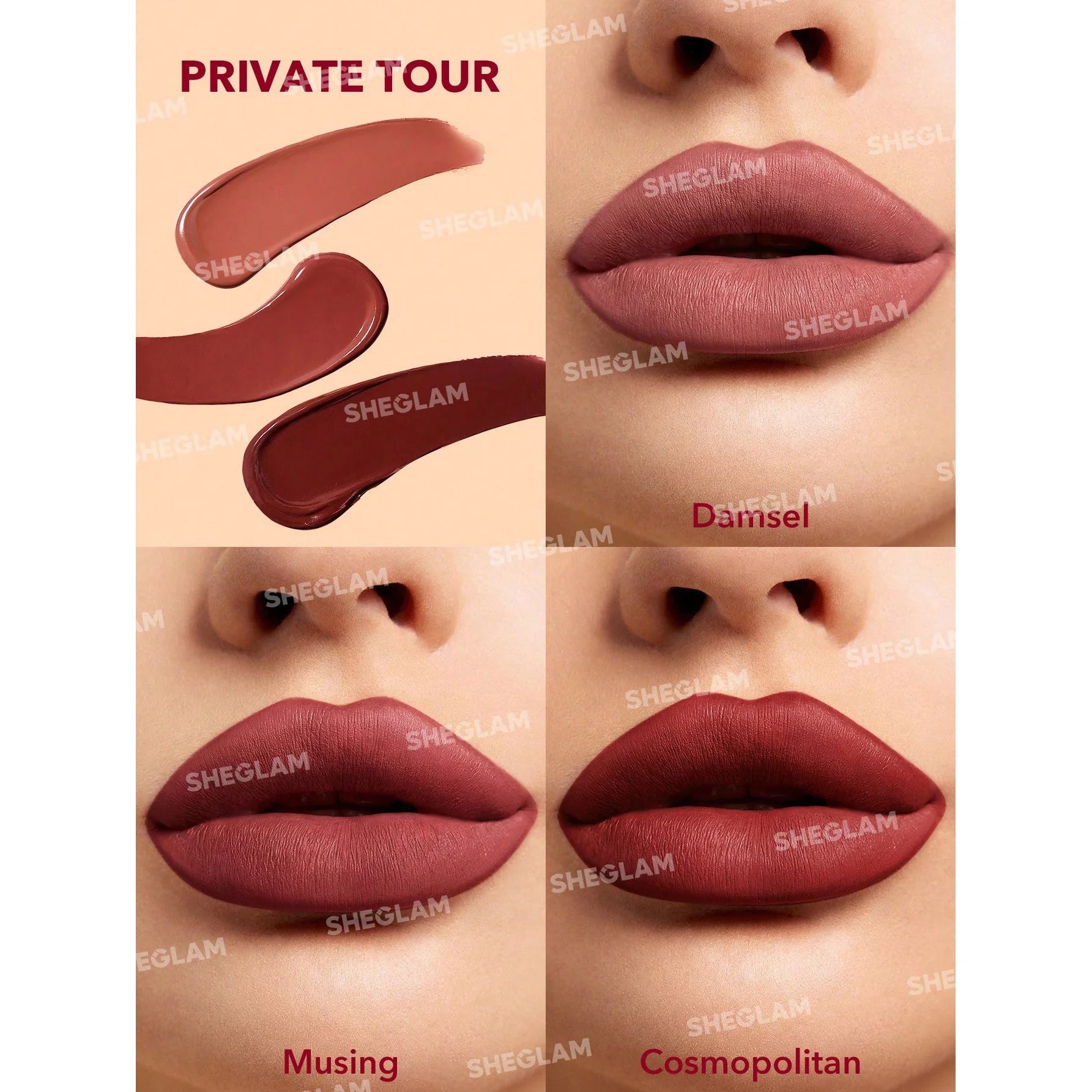 SHEGLAM مجموعة أحمر الشفاه السائل غير اللامع ألور ميني- جولة خاصة 3 قطعمجموعة أحمر شفاه يدوم طويلا بزيت عباد الشمس المغذي يقلل من الخطوط الدقيقة للشفاه أحمر الشفاه السائل مجموعة السفر - Private Tour | SHEGLAM shein احمر الخدود احمر شفاة ايشادو حاجب حواجب