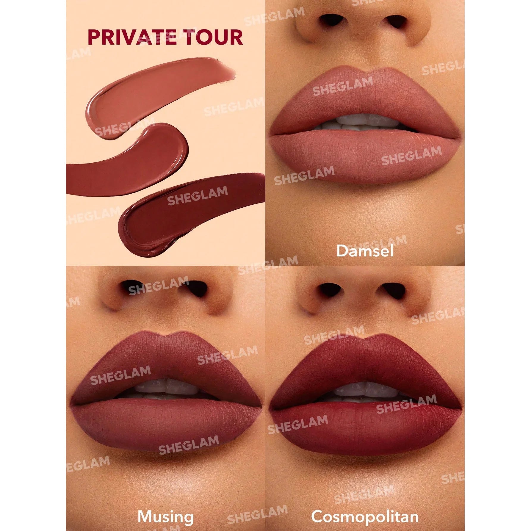 SHEGLAM مجموعة أحمر الشفاه السائل غير اللامع ألور ميني- جولة خاصة 3 قطعمجموعة أحمر شفاه يدوم طويلا بزيت عباد الشمس المغذي يقلل من الخطوط الدقيقة للشفاه أحمر الشفاه السائل مجموعة السفر - Private Tour | SHEGLAM shein احمر الخدود احمر شفاة ايشادو حاجب حواجب