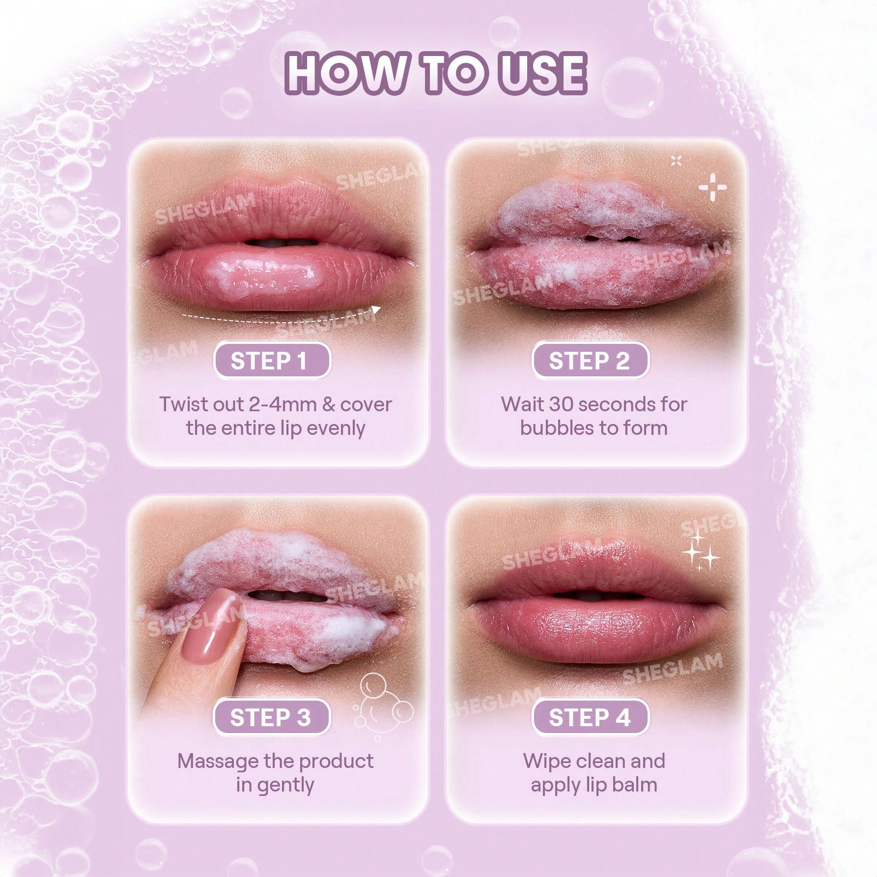 SHEGLAM مقشر الشفاه بابل بوف مقشر الشفاه، قناع إصلاح الشفاه، يرطب ويملأ الشفاه الجافة والمتشققة، يزيل خطوط الشفاه | Bubble Bath