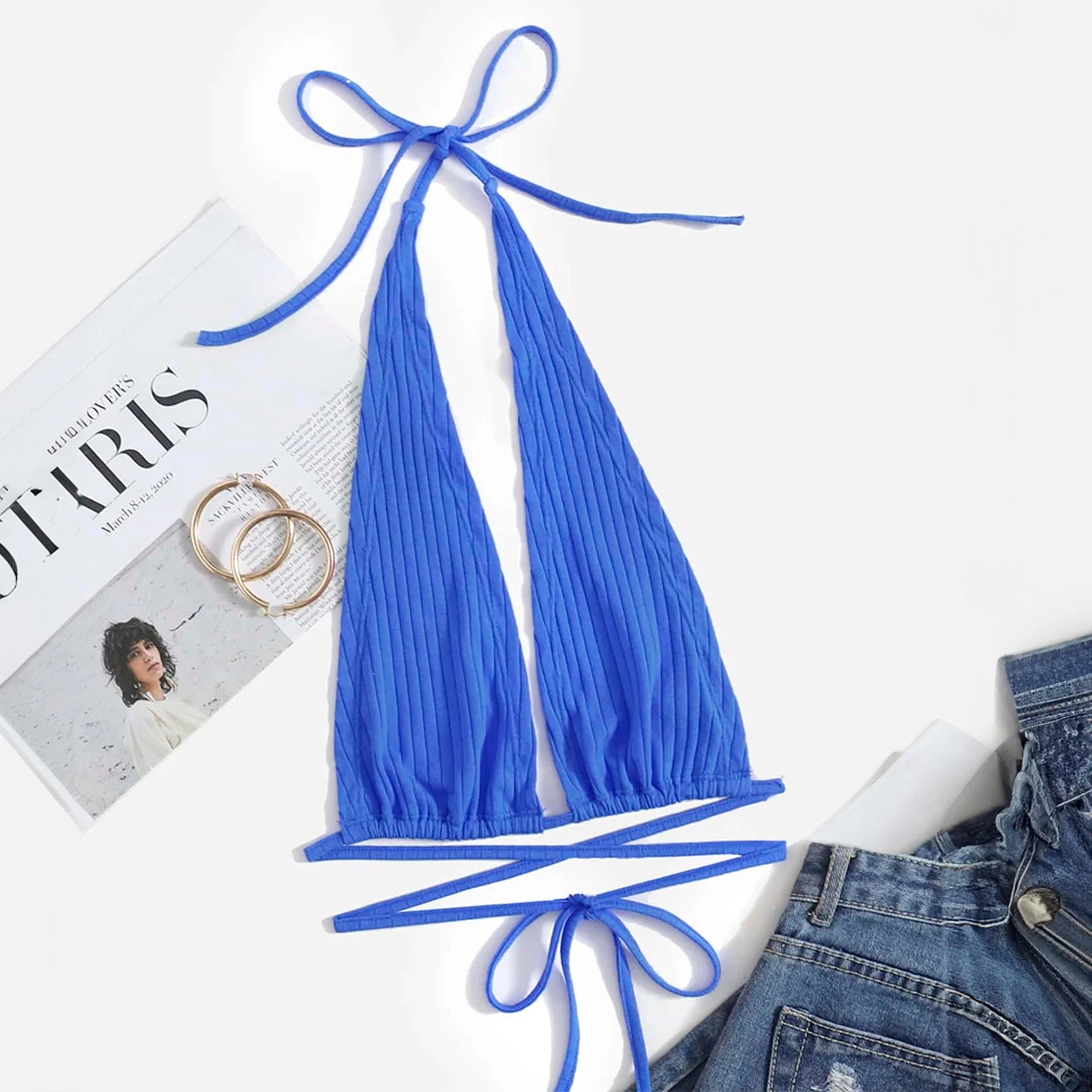 لباس علوي برسن مكشوف الظهر بربطة باربطة متقاطعة بياقة مغرق | النساء توب لباس علوي للبنات مايو | amazingEGP