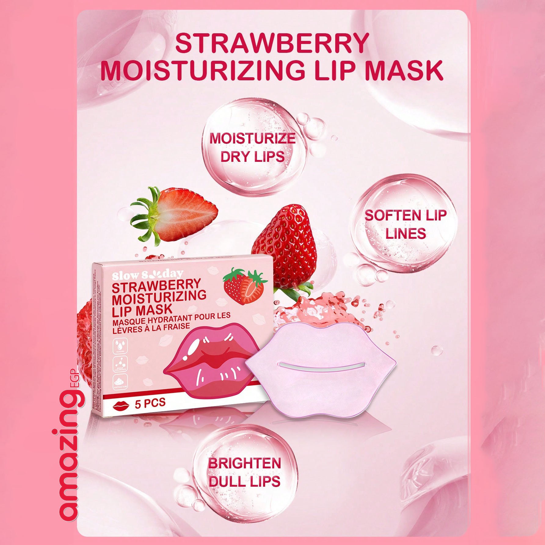 قناع شفاه مرطب بالفراولة - 5 قطع من SlowSunday لترطيب وتغذية الشفاه الجافة