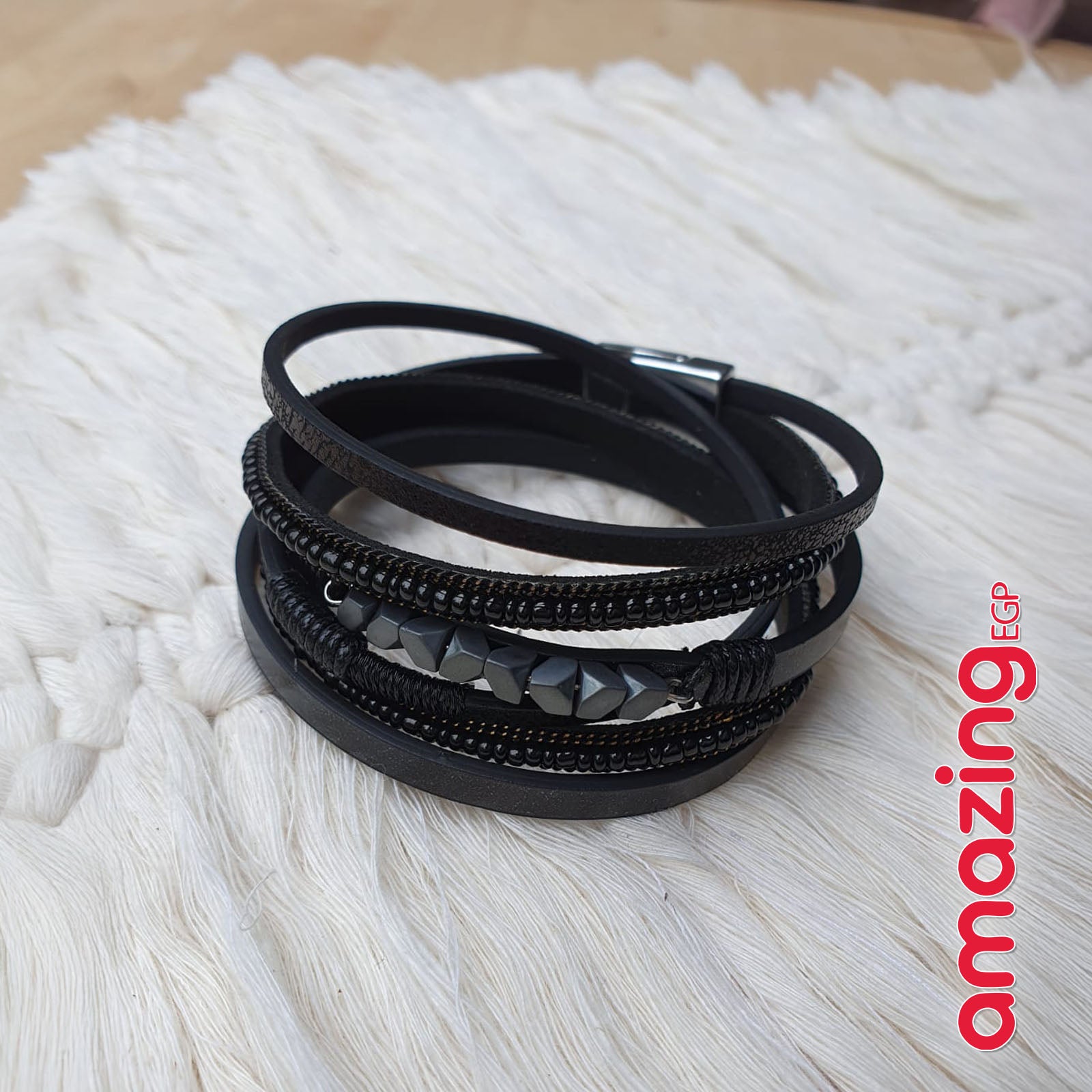 سوار للجنسين إسورة مضفرة بجلد طبيعي فاخر للرجال والنساء اساور يد محظوظ أسورة منسوجة زخرفة اليدوية جلد طبيعي -اسود