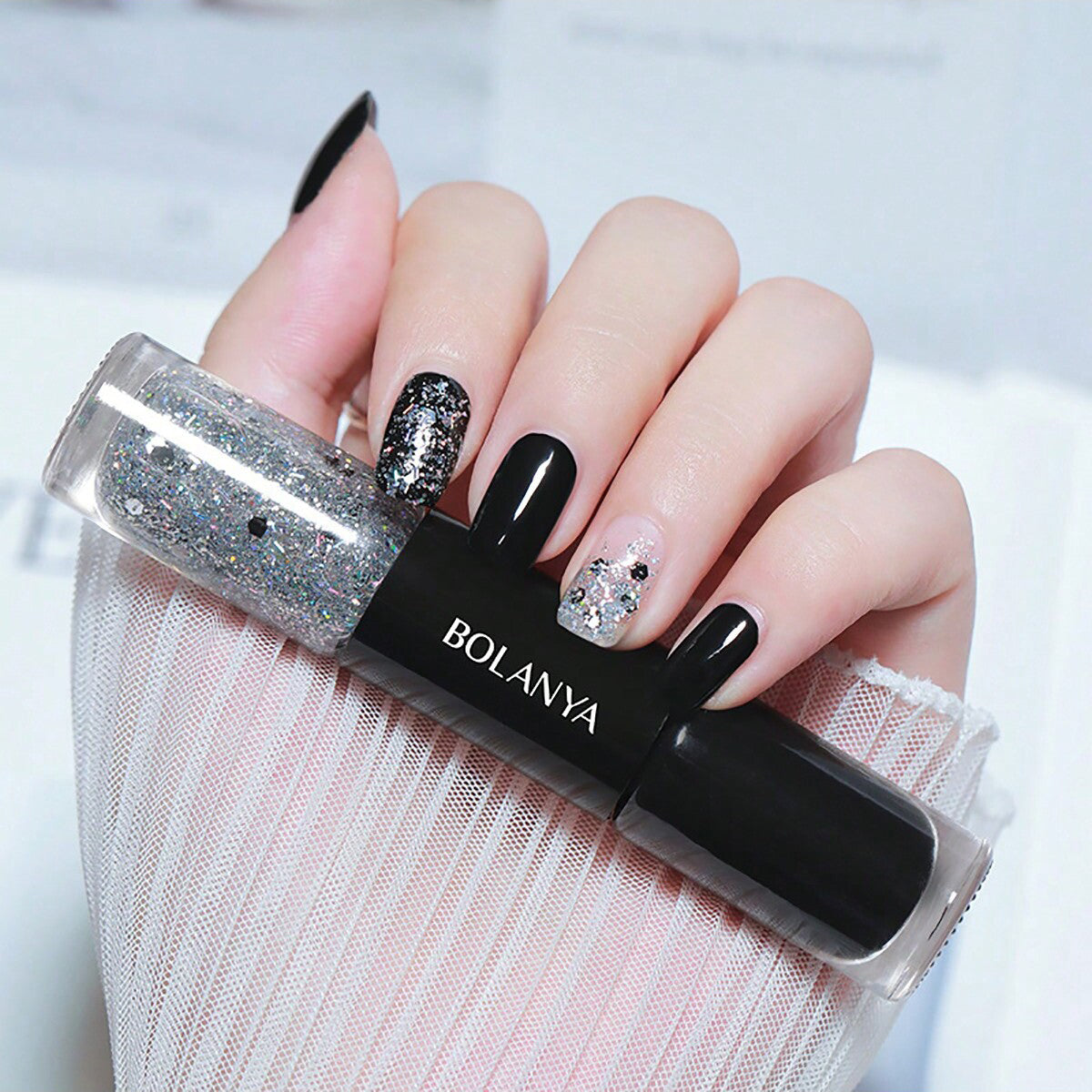 طلاء أظافر جلي، لا يحتاج إلى المعجون، مانيكير يتميز باللمعان، مجموعة فن الأظافر الجميلة كهدية للنساء والفتيات ، يدوم طويلا - اسود C135