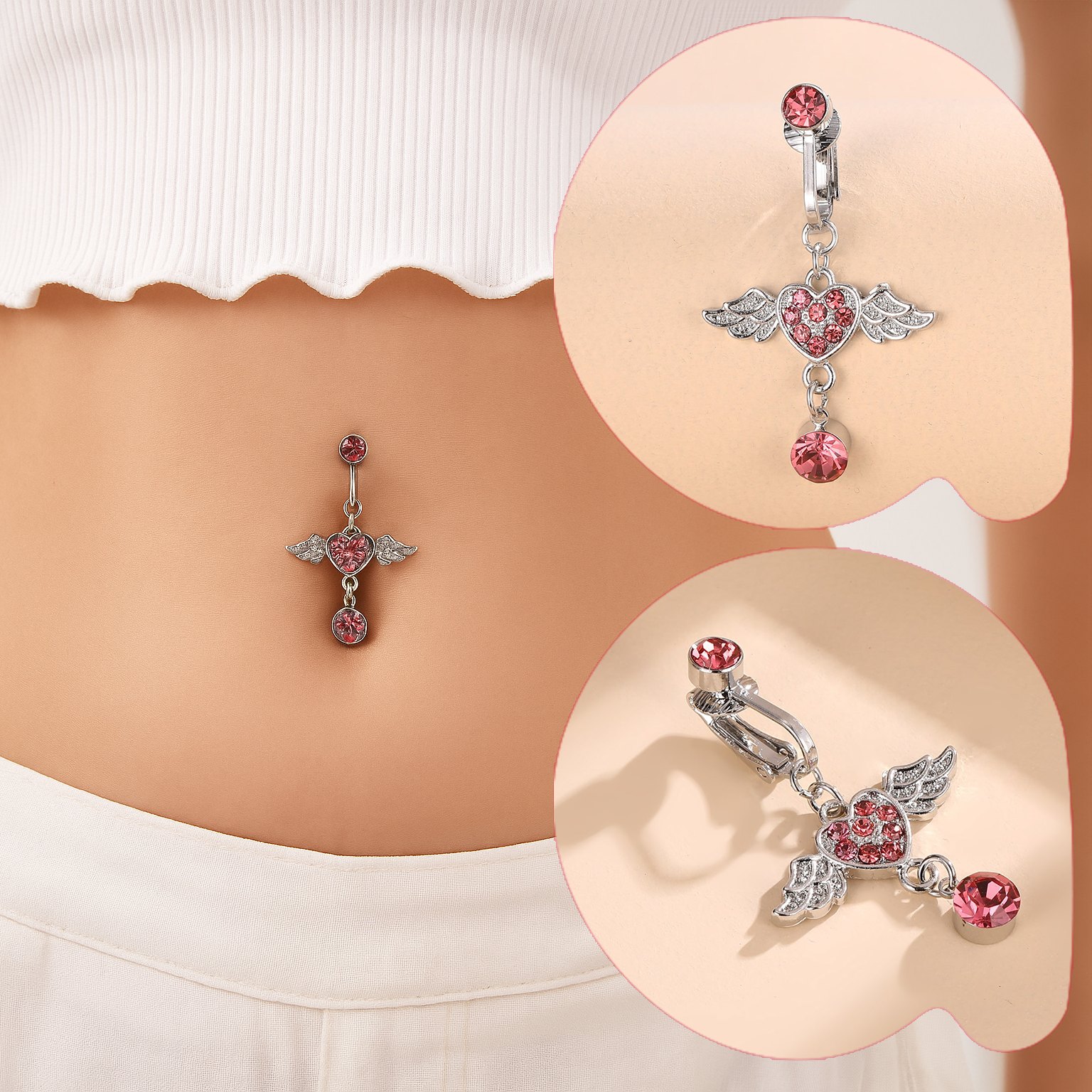 خاتم سرة كاذب جديد عصري على شكل قلب بديكور جناح حلقة سرة زركونيا مع تفاصيل من الراين، غير خارقة سرة البطن للنساء ، مجوهرات ثقب البطن الكلاسيكية للارتداء اليومي | قطعة واحدة | فضي