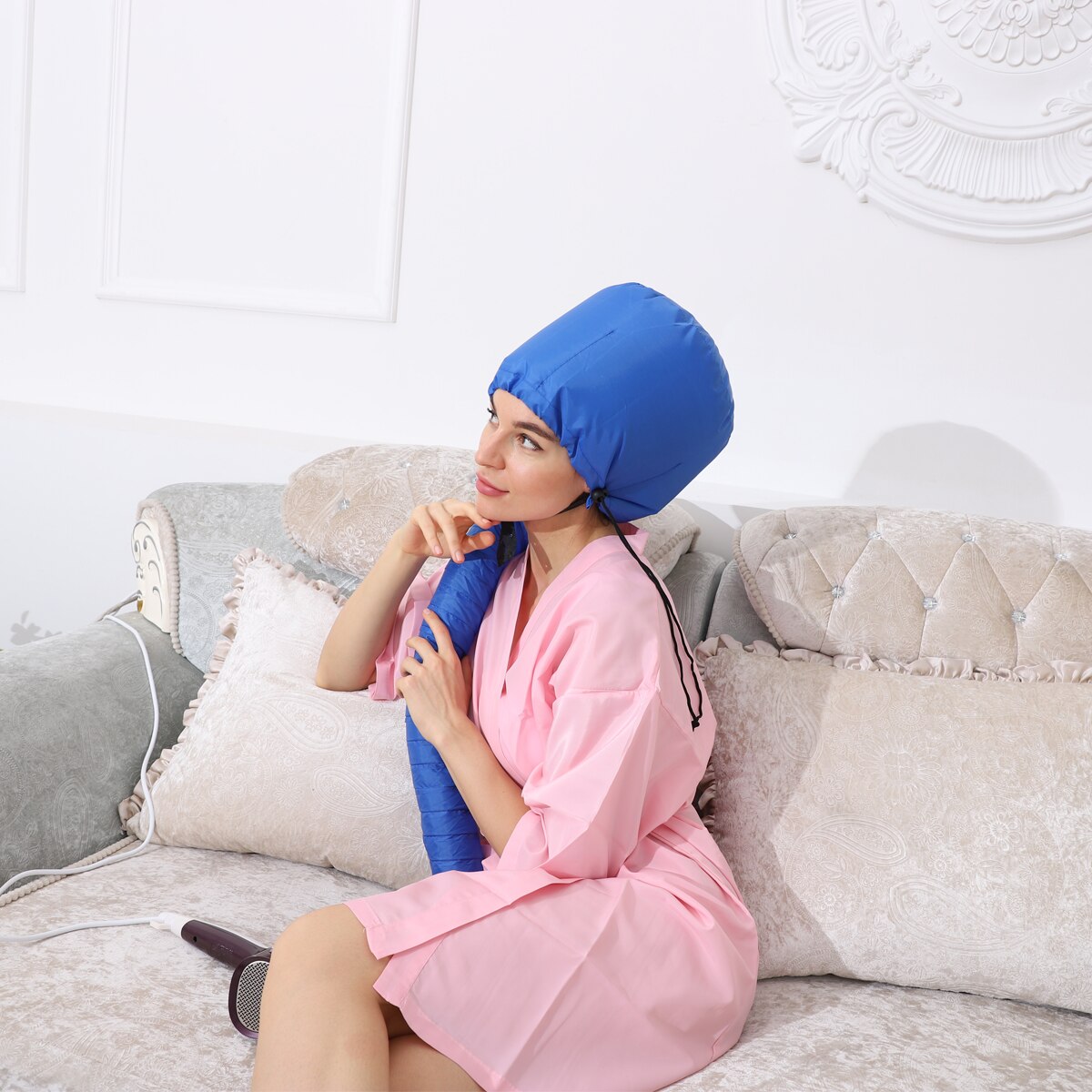 قبعة بونيه مجفف النفخ مع مجفف الشعر لتصفيف الشعر والتكييف العميق وتجفيف الشعر - العناية بالشعر - أزرق