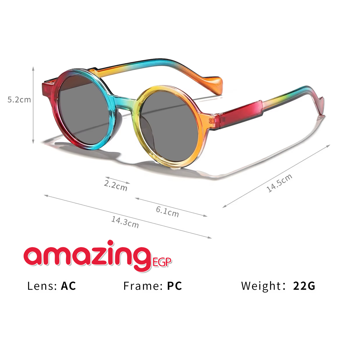 نظارات شمسية دائرية بوهيمية مطبوعة بألوان قوس قزح بعدسات أكريليك وإطار بولي كربونات خفيف