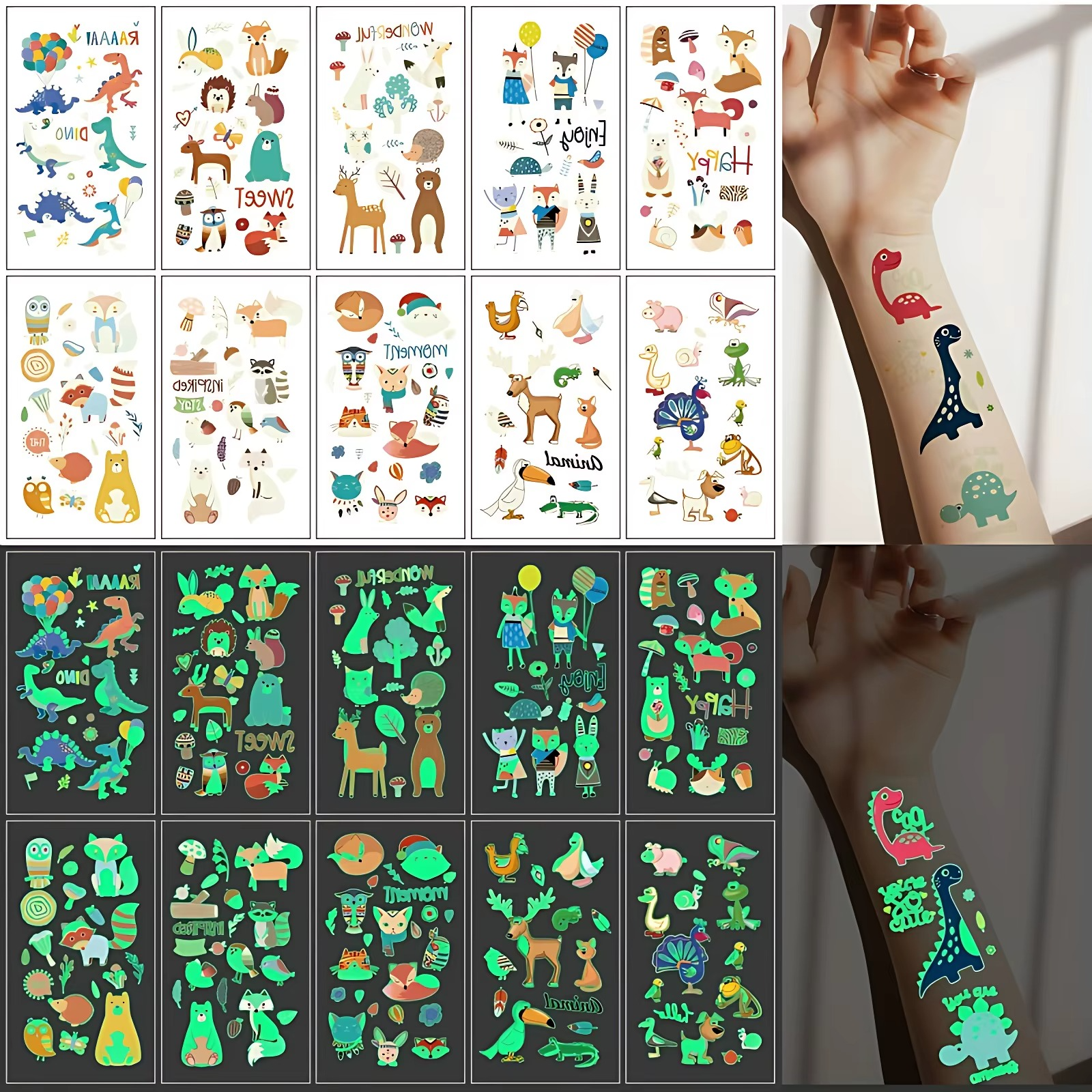 ملصقات وشم مؤقتة مضيئة (ديناصورات كرتونية) – مجموعة 10 كروت منوعة لكل ورقة