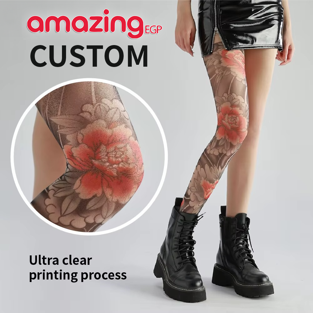 زوج جوارب مطبوعة بنقوش وشم  – شبكي شِبه شفاف بخامة مرِنة وخصر دانتيل أسود - سمكة | مقاس واحد