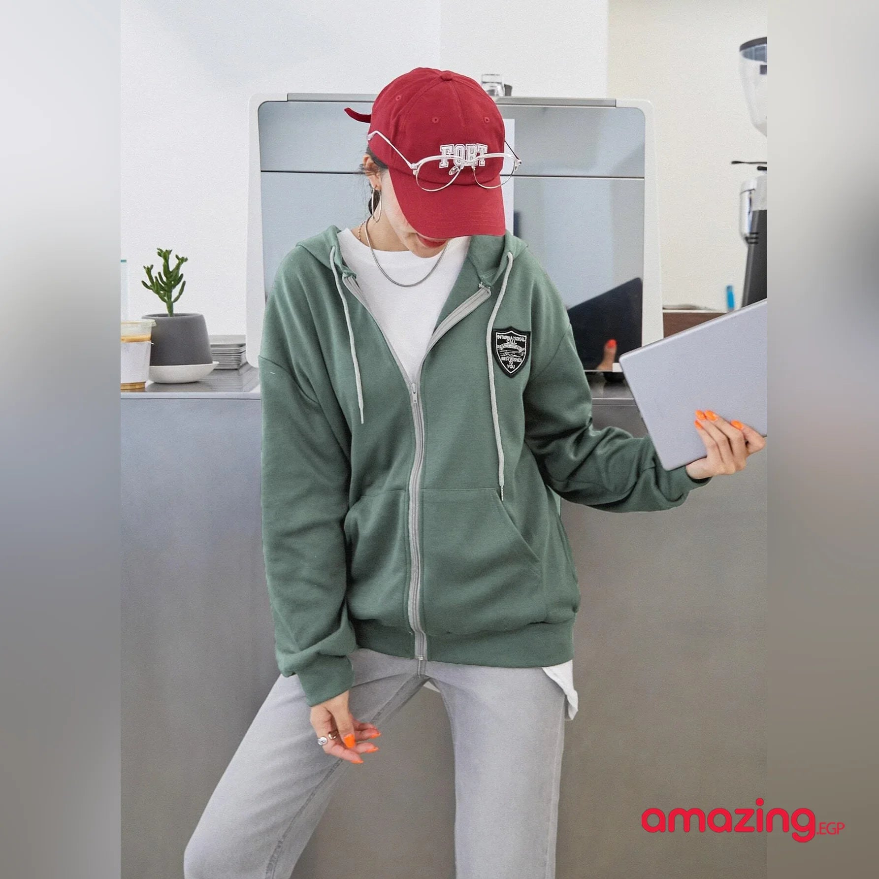 بلايز ثقيلة الرباط الجيب سستة رسالة كاجوال - أخضر | الخريف النساء بلايزر ثقيل كاجوال لباس علوي لبس للبنات مايو منسوج | amazingEGP