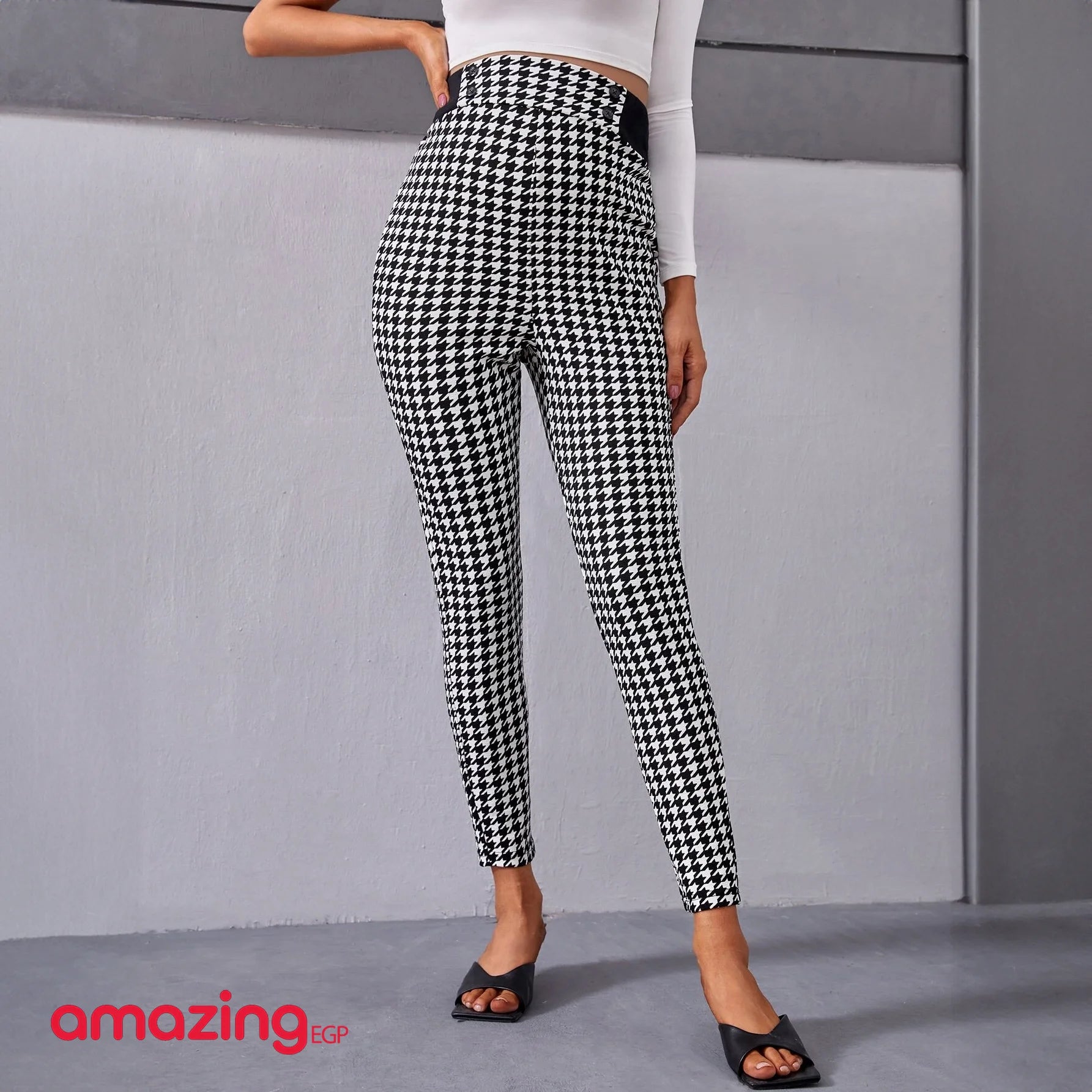 بنطلون نحيل طباعة مربعات مسنن بخصر مقصوص منقوش للحوامل عالي الوسط - أبيض وأسود | النساء بنطلون بنطلون ديق توب ضيق فستان فستان مكشكش فستان واسع لباس علوي للبنات مايو منسوج منطلون | amazingEGP