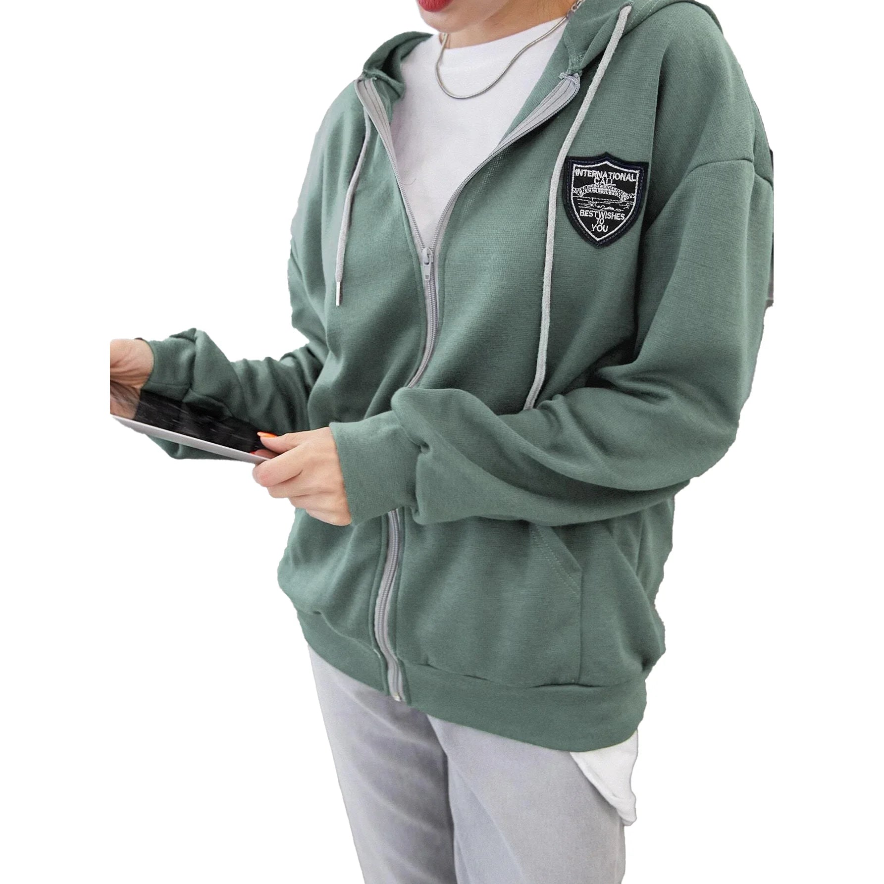 بلايز ثقيلة الرباط الجيب سستة رسالة كاجوال - أخضر | الخريف النساء بلايزر ثقيل كاجوال لباس علوي لبس للبنات مايو منسوج | amazingEGP