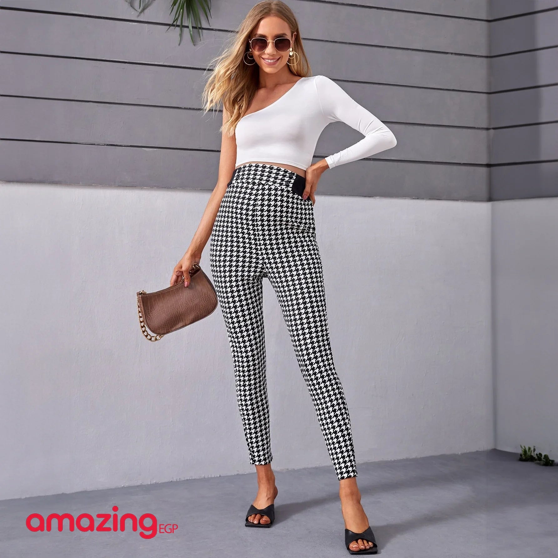 بنطلون نحيل طباعة مربعات مسنن بخصر مقصوص منقوش للحوامل عالي الوسط - أبيض وأسود | النساء بنطلون بنطلون ديق توب ضيق فستان فستان مكشكش فستان واسع لباس علوي للبنات مايو منسوج منطلون | amazingEGP