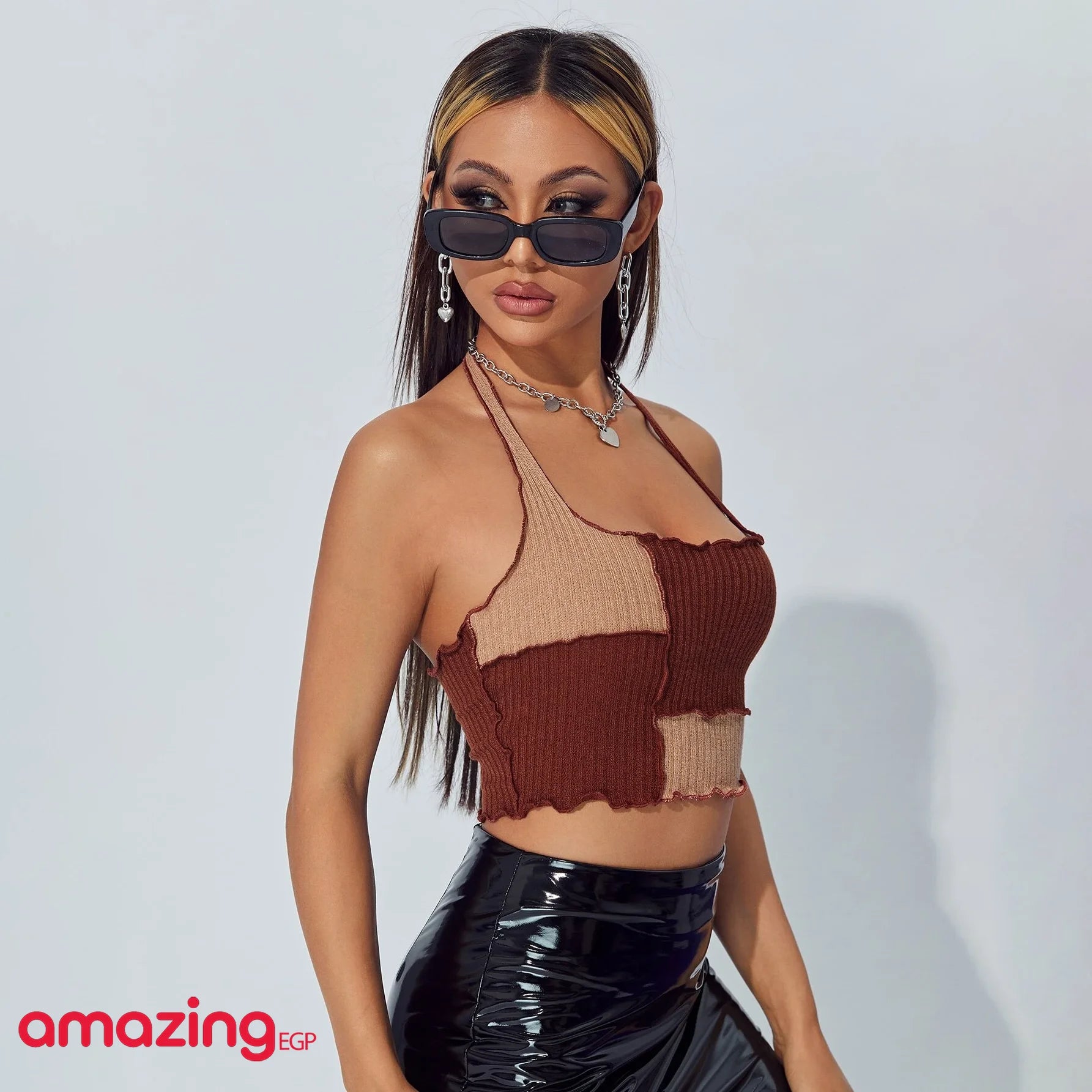 لباس علوي برسن قصير ألوان متباينة مكشوف الظهر | النساء توب لباس علوي للبنات مايو | amazingEGP