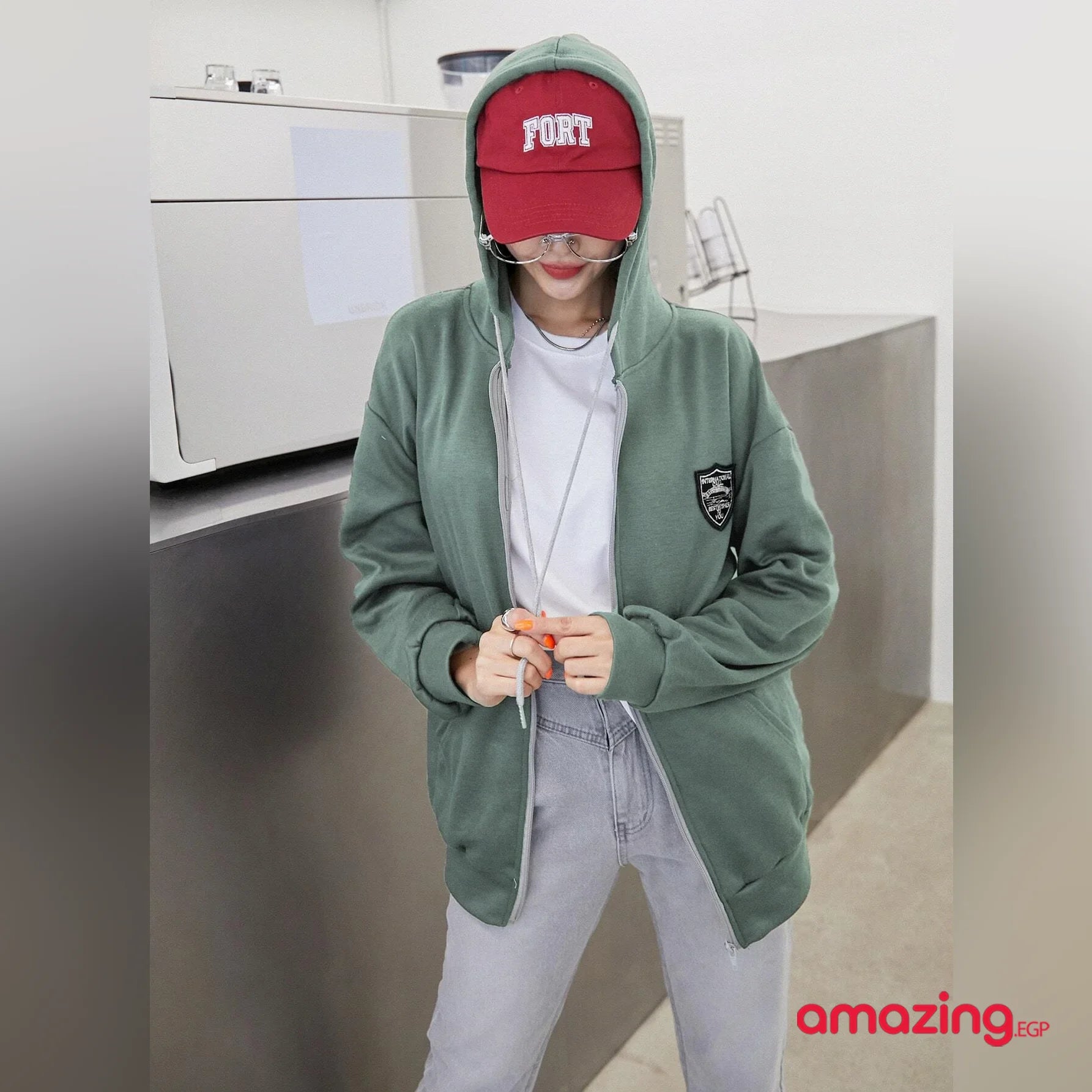 بلايز ثقيلة الرباط الجيب سستة رسالة كاجوال - أخضر | الخريف النساء بلايزر ثقيل كاجوال لباس علوي لبس للبنات مايو منسوج | amazingEGP