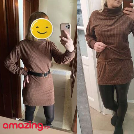 فستان نمط قميص ثقيل موحدة اللون ياقة قمع منسوجة وافل  بني -  بدون حزام