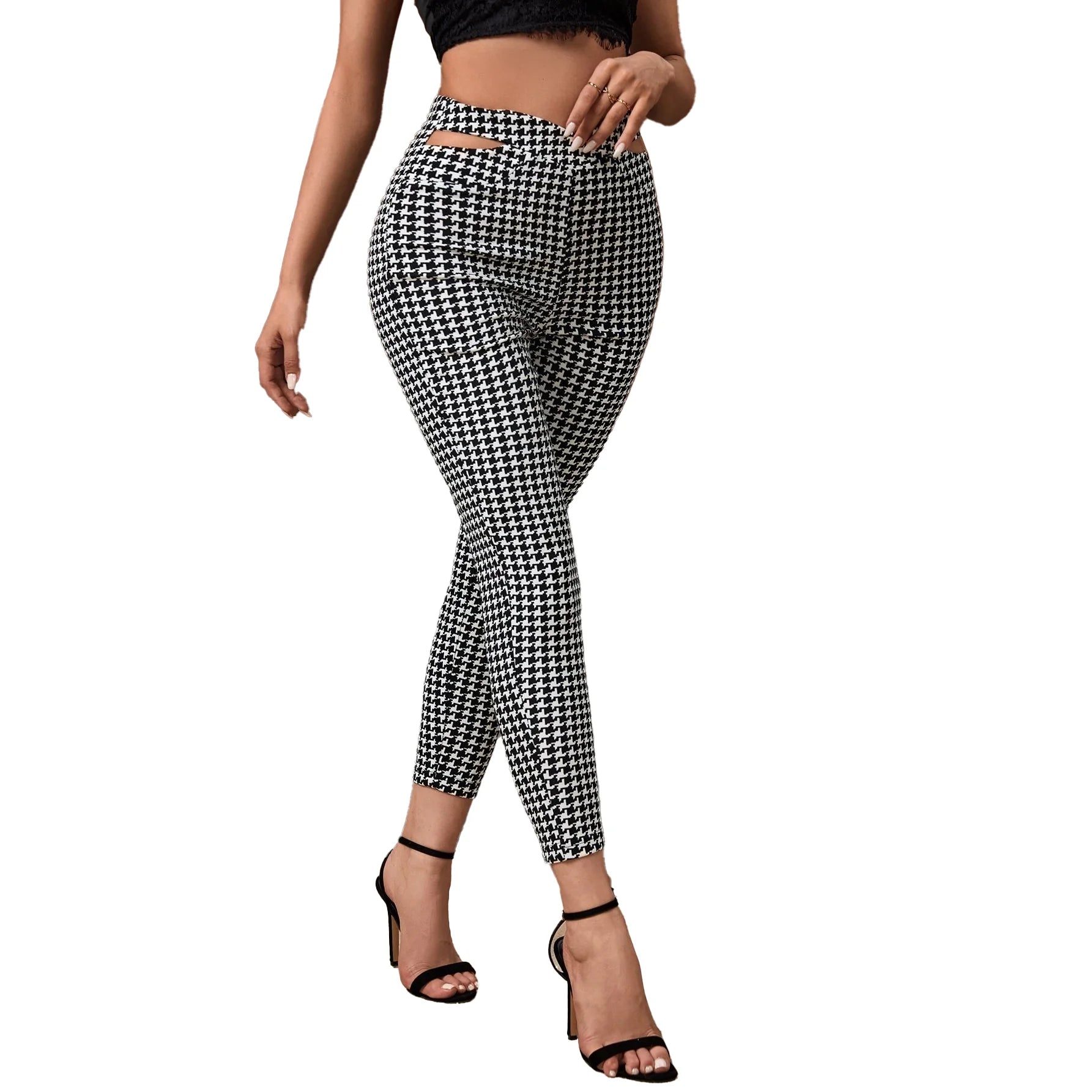 بنطلون نحيل طباعة مربعات مسنن بخصر مقصوص منقوش أبيض وأسود | النساء بنطلون بنطلون ديق توب ضيق فستان فستان مكشكش فستان واسع لباس علوي للبنات مايو منسوج منطلون | amazingEGP