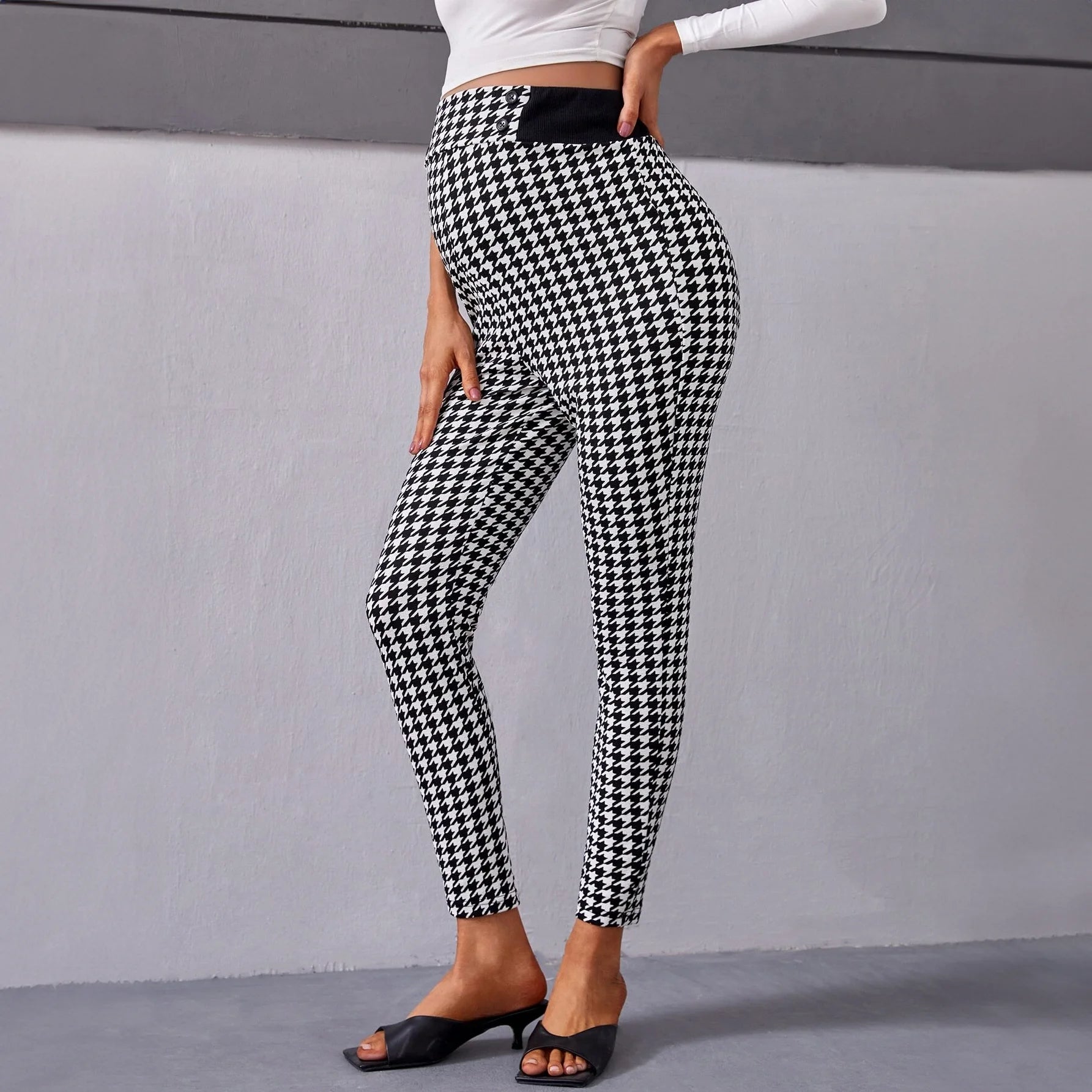 بنطلون نحيل طباعة مربعات مسنن بخصر مقصوص منقوش للحوامل عالي الوسط - أبيض وأسود | النساء بنطلون بنطلون ديق توب ضيق فستان فستان مكشكش فستان واسع لباس علوي للبنات مايو منسوج منطلون | amazingEGP