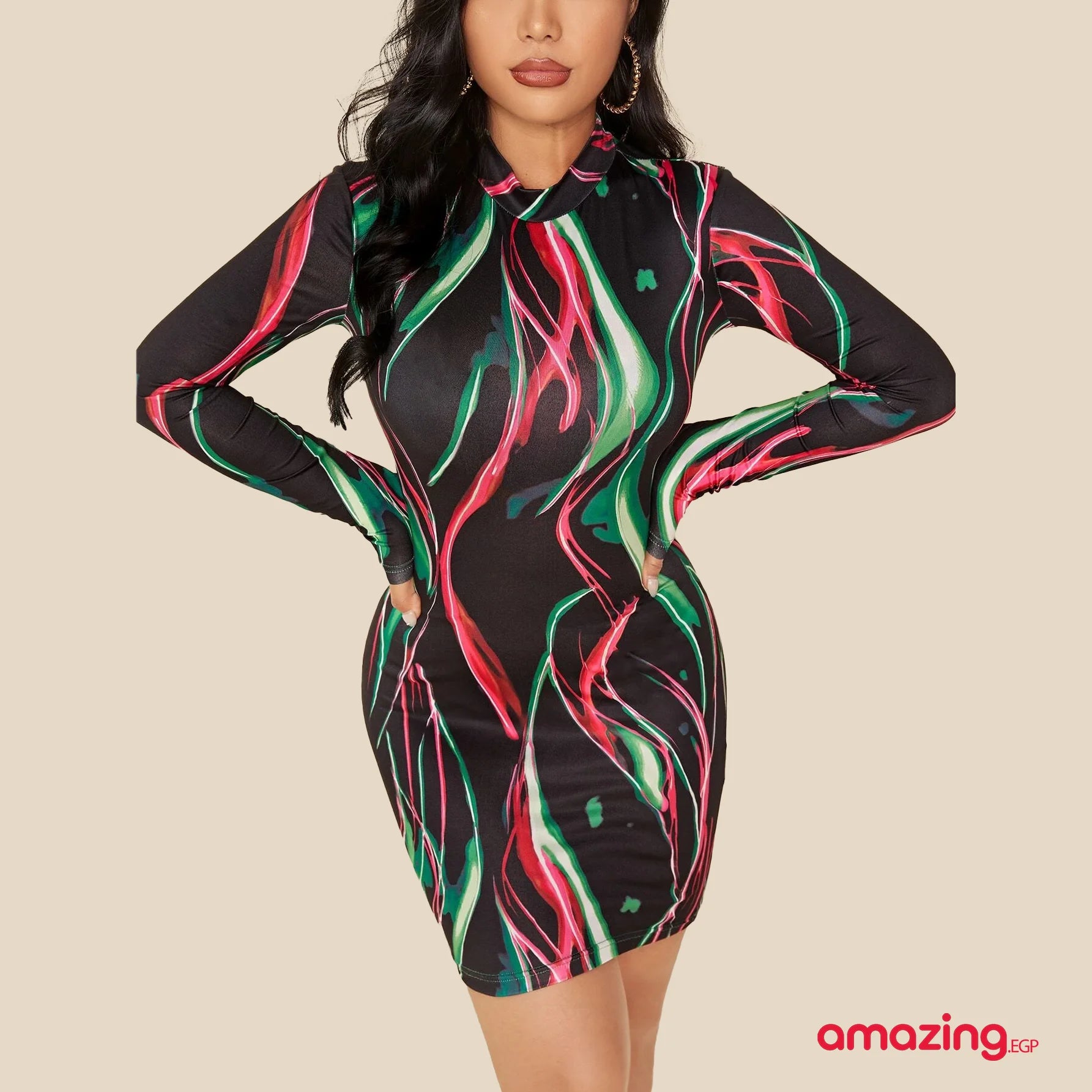 فستان ضيق ياقة دائري فستان رسم كاجوال | النساء توب ضيق فستان لباس علوي للبنات مايو | amazingEGP