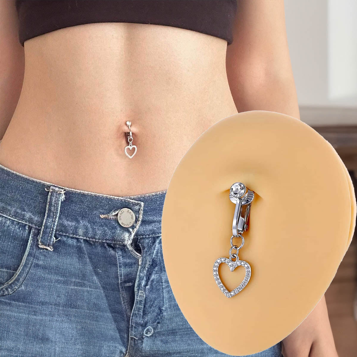 خاتم السرة من الفولاذ المقاوم للصدأ خاتم الموضة شكل القلب مكعب زركونيا غير خارقة سرة البطن للنساء ، مجوهرات ثقب البطن الكلاسيكية للارتداء اليومي | قطعة واحدة | فضي