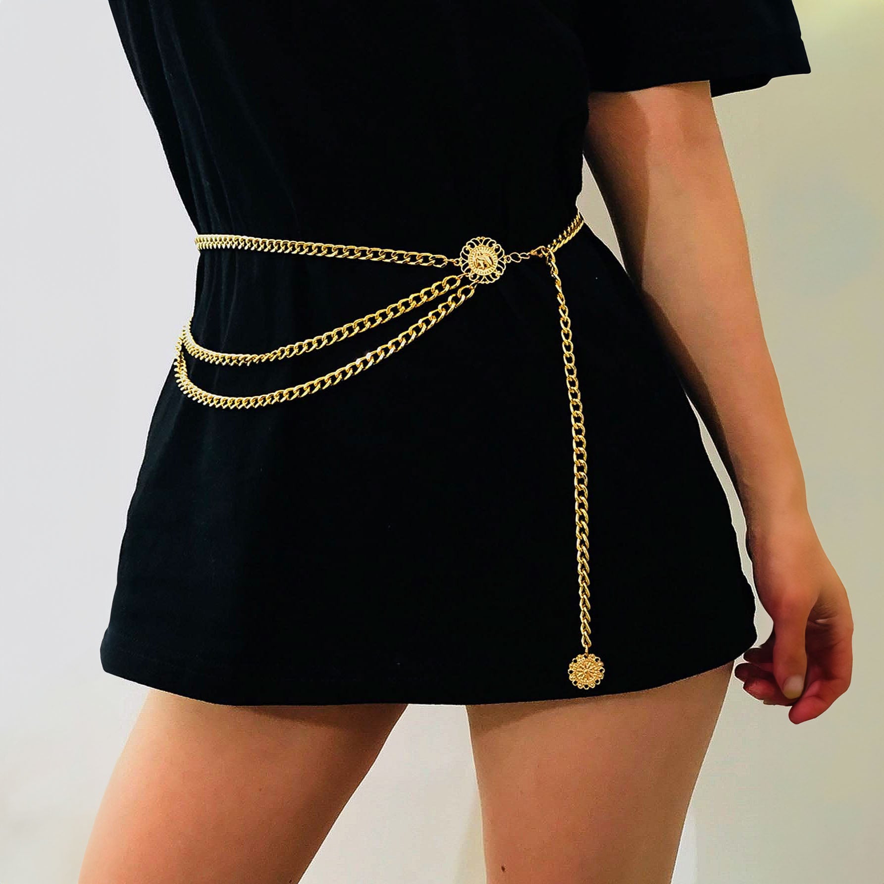 سلسلة خصر أنيقة على الطراز الفاخر شكل مزين بزهرة جوفاء دائرية ، إكسسوار للفستان سلسلة أزياء ، لديكور الجسم - ذهبي